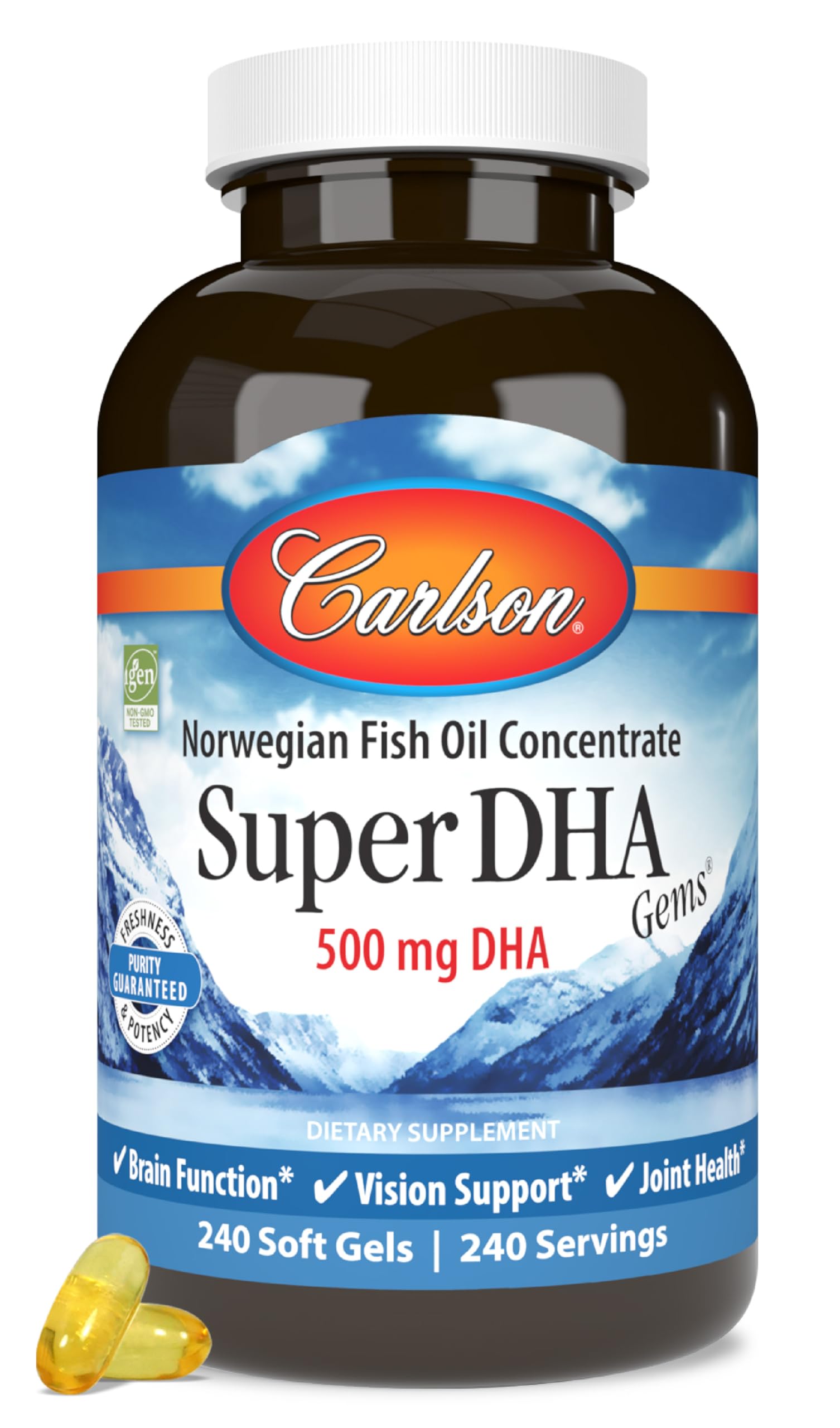 Carlson Super DHA Gems bottle front shows a premium fish oil supplement for daily brain and vision support