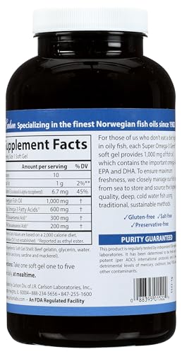 Carlson Super Omega-3 Gems bottle side—labels highlight potency and purity