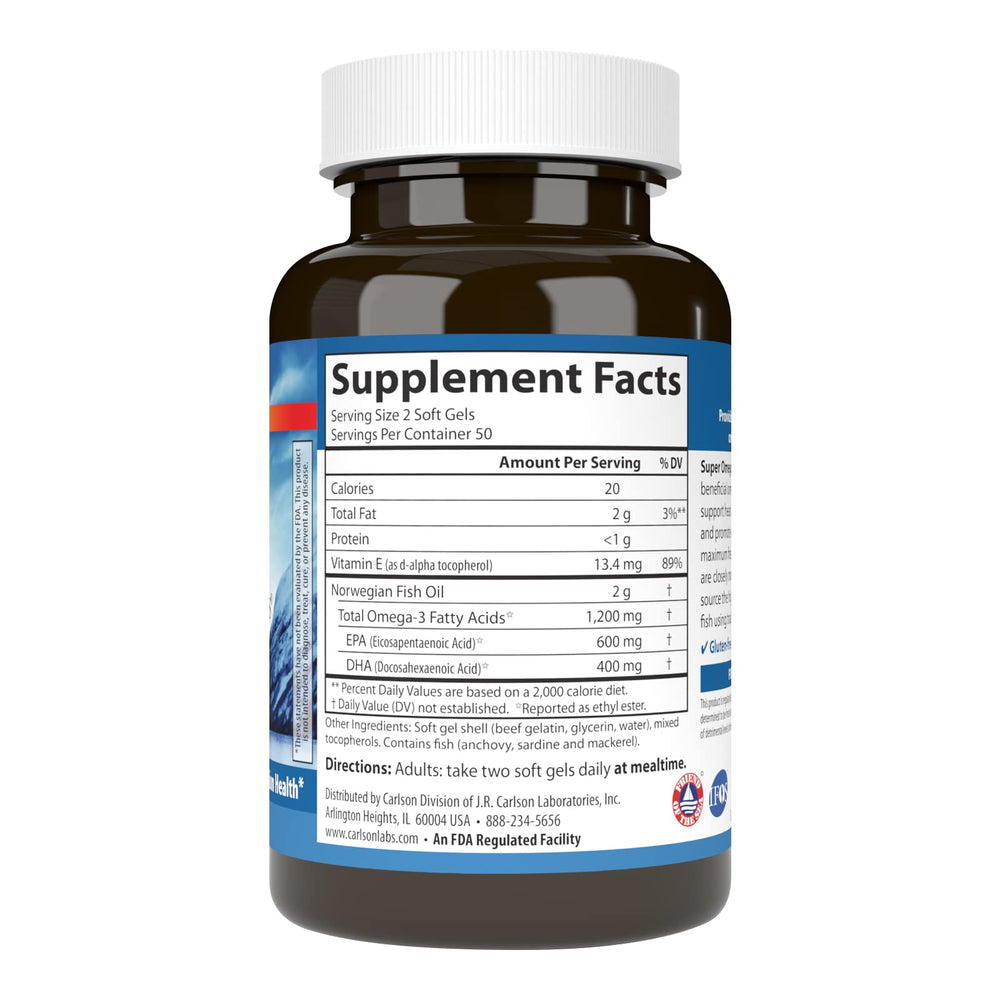 Carlson Super Omega-3 Gems capsules closeup highlighting 1,200 mg omega-3 per serving.