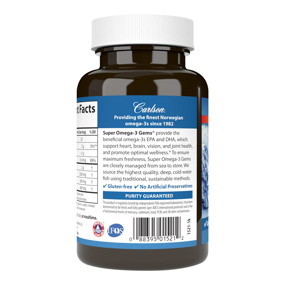 Carlson Super Omega-3 Gems label shows Norwegian origin and purity.
