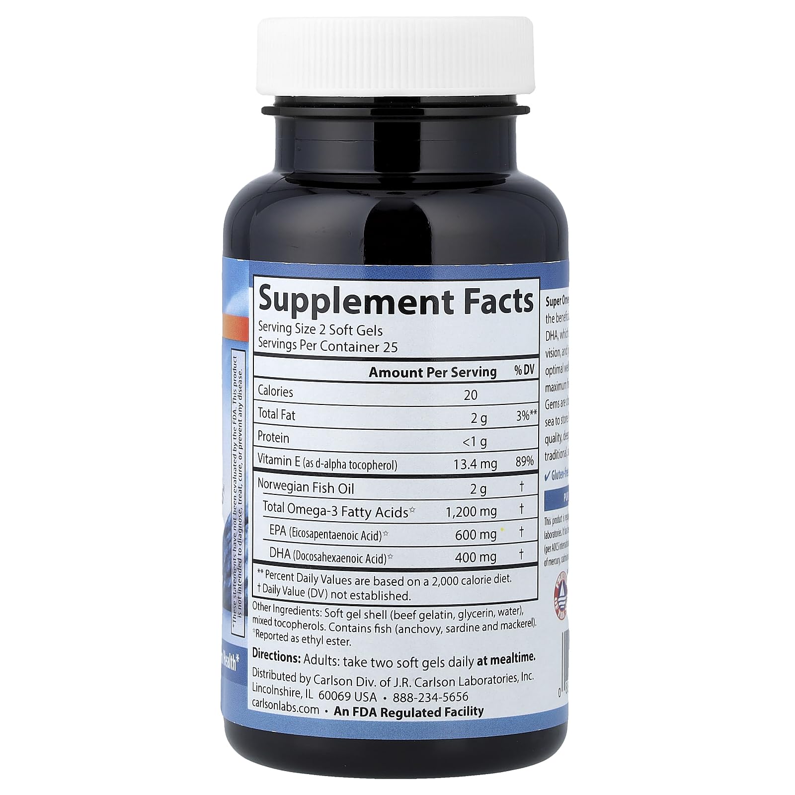 Carlson Super Omega-3 Gems softgels, easy to swallow for daily nutrition.