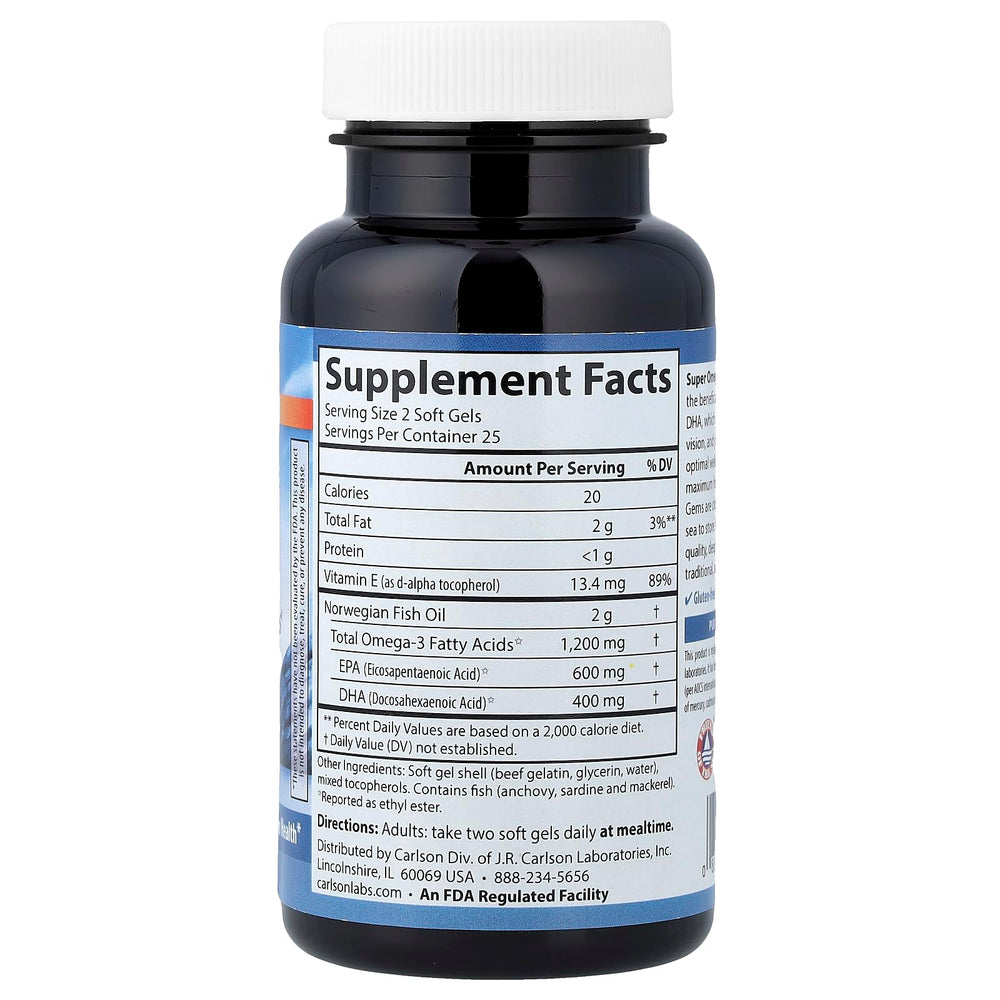 Carlson Super Omega-3 Gems softgels, easy to swallow for daily nutrition.