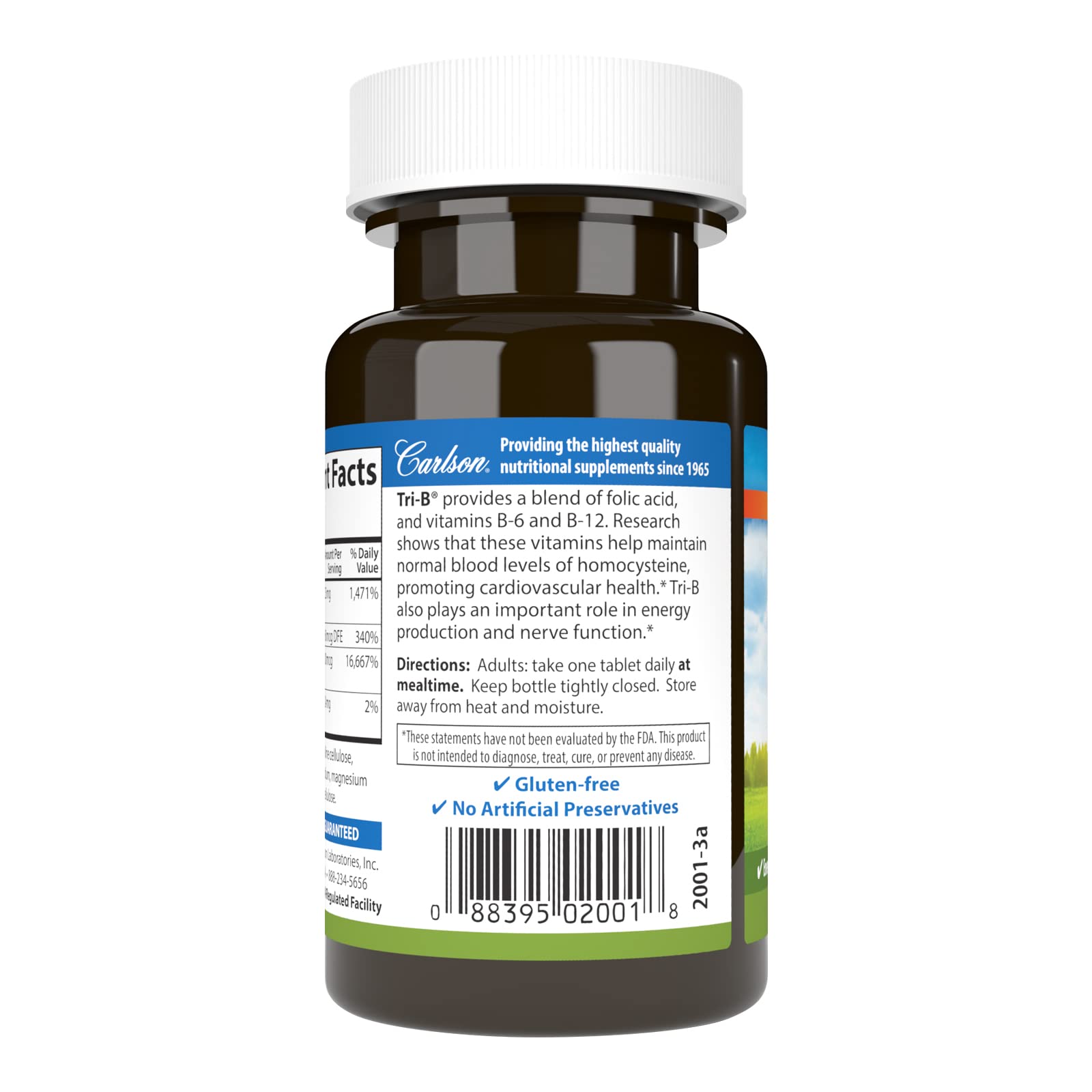 Carlson Tri-B bottle closeup emphasizing compact daily dose