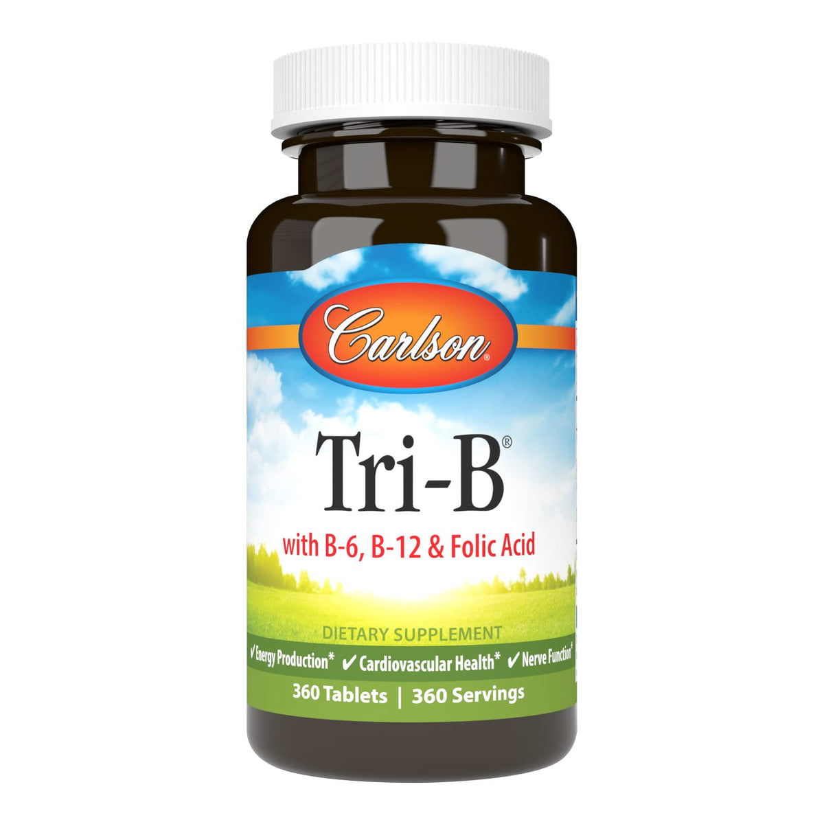 Carlson Tri-B bottle front view showing energy-supporting B complex.