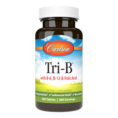 Carlson Tri-B bottle front view showing energy-supporting B complex.