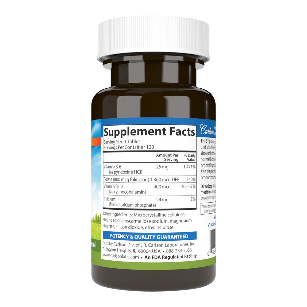 Carlson Tri-B tablet closeup showing easy to swallow B vitamin formula