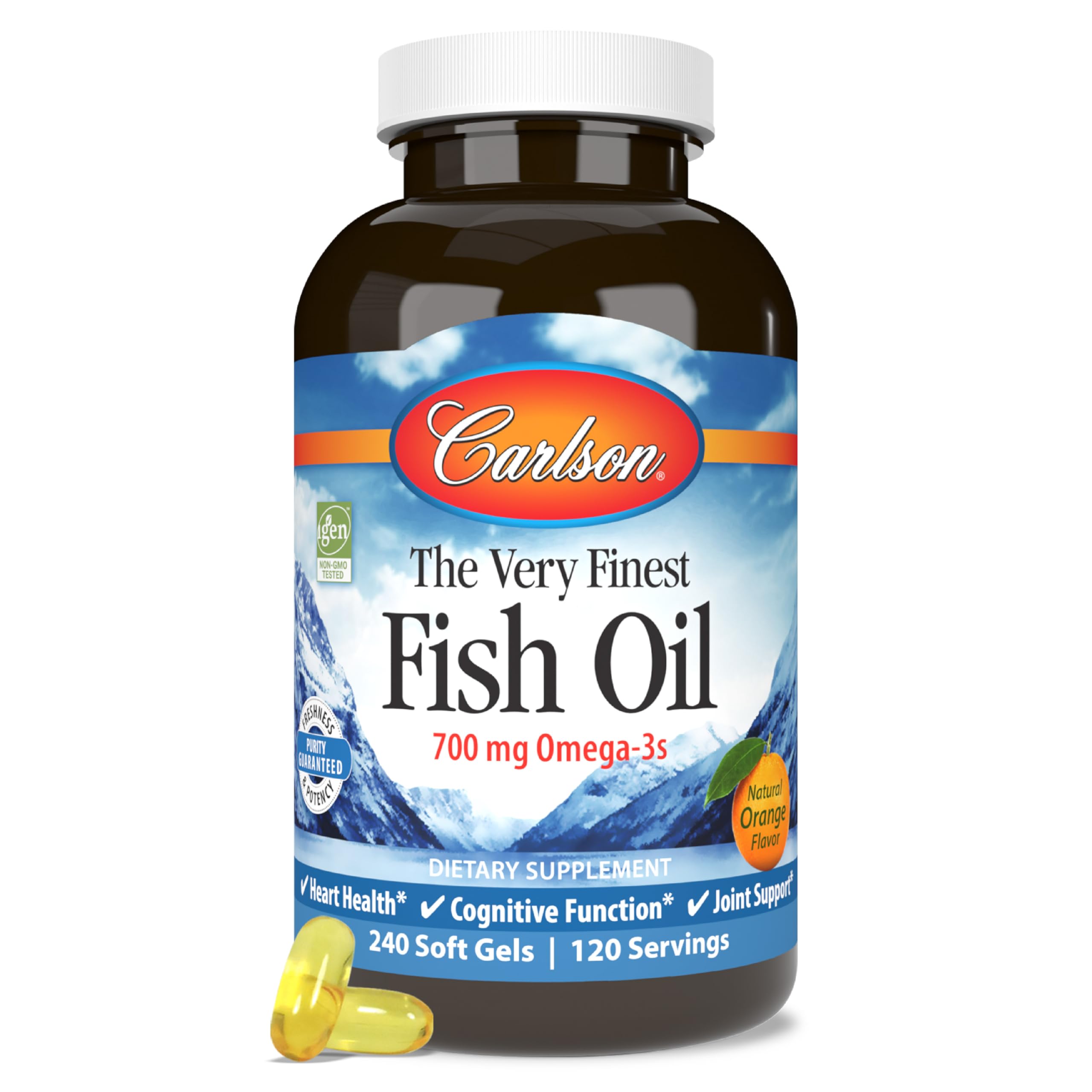 Carlson Very Finest Fish Oil bottle front, orange flavor for daily omega-3 intake