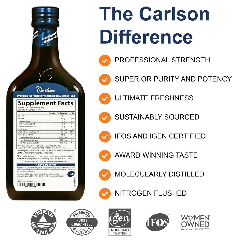 Carlson Very Finest Fish Oil bottle pour, easy to measure with a teaspoon for daily use.