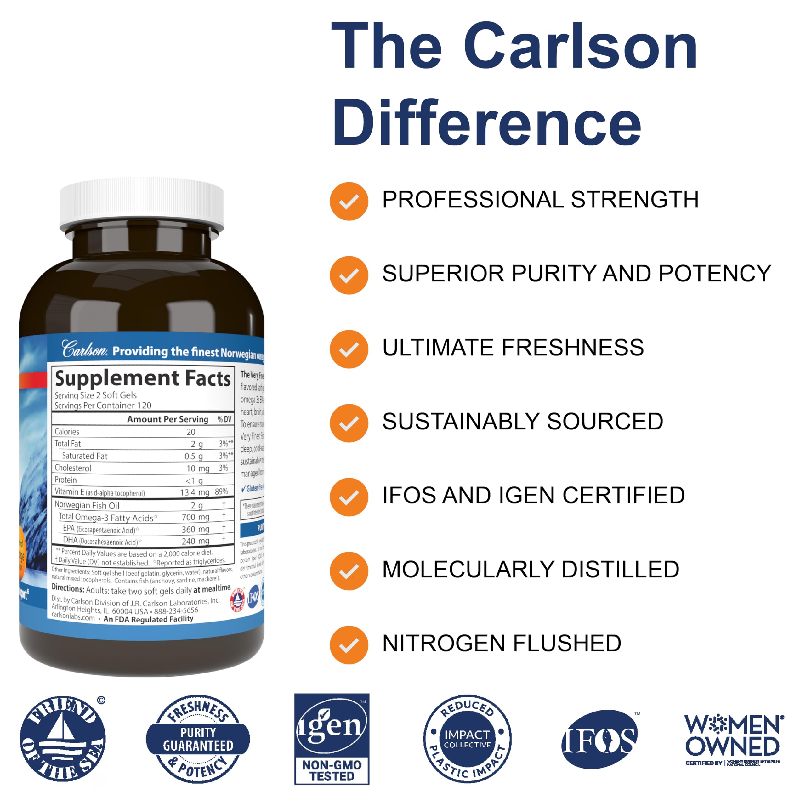 Carlson Very Finest Fish Oil orange softgels, easy daily intake