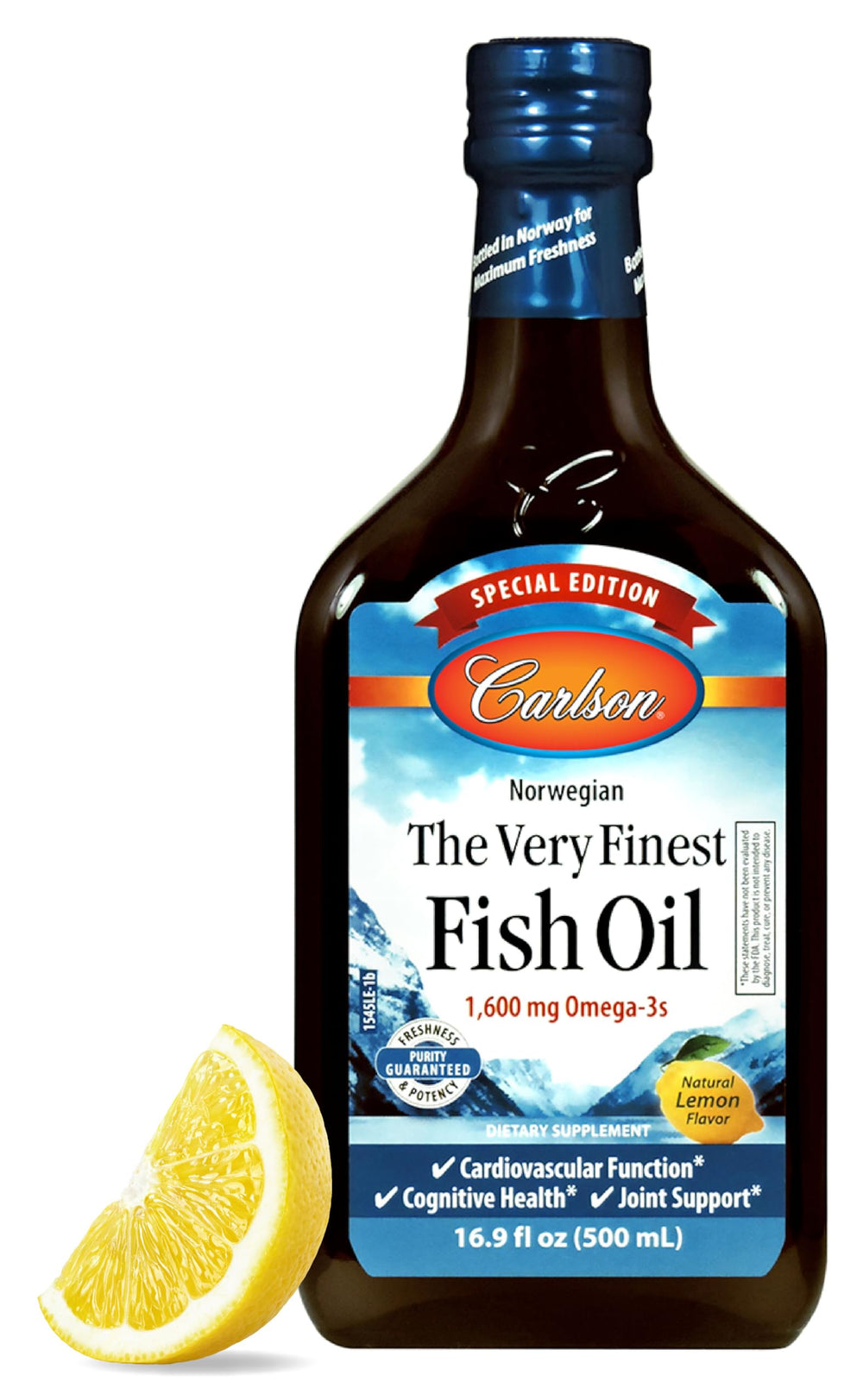 Carlson The Very Finest Fish Oil special edition bottle on shelf, ideal for daily omega-3 supplementation.