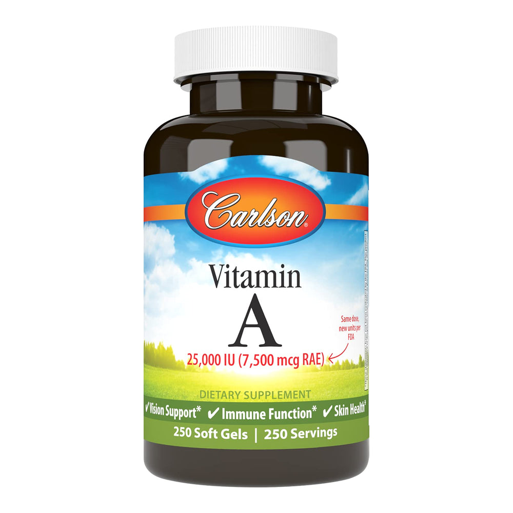 Carlson Vitamin A 25,000 IU bottle supports healthy vision and antioxidant protection.