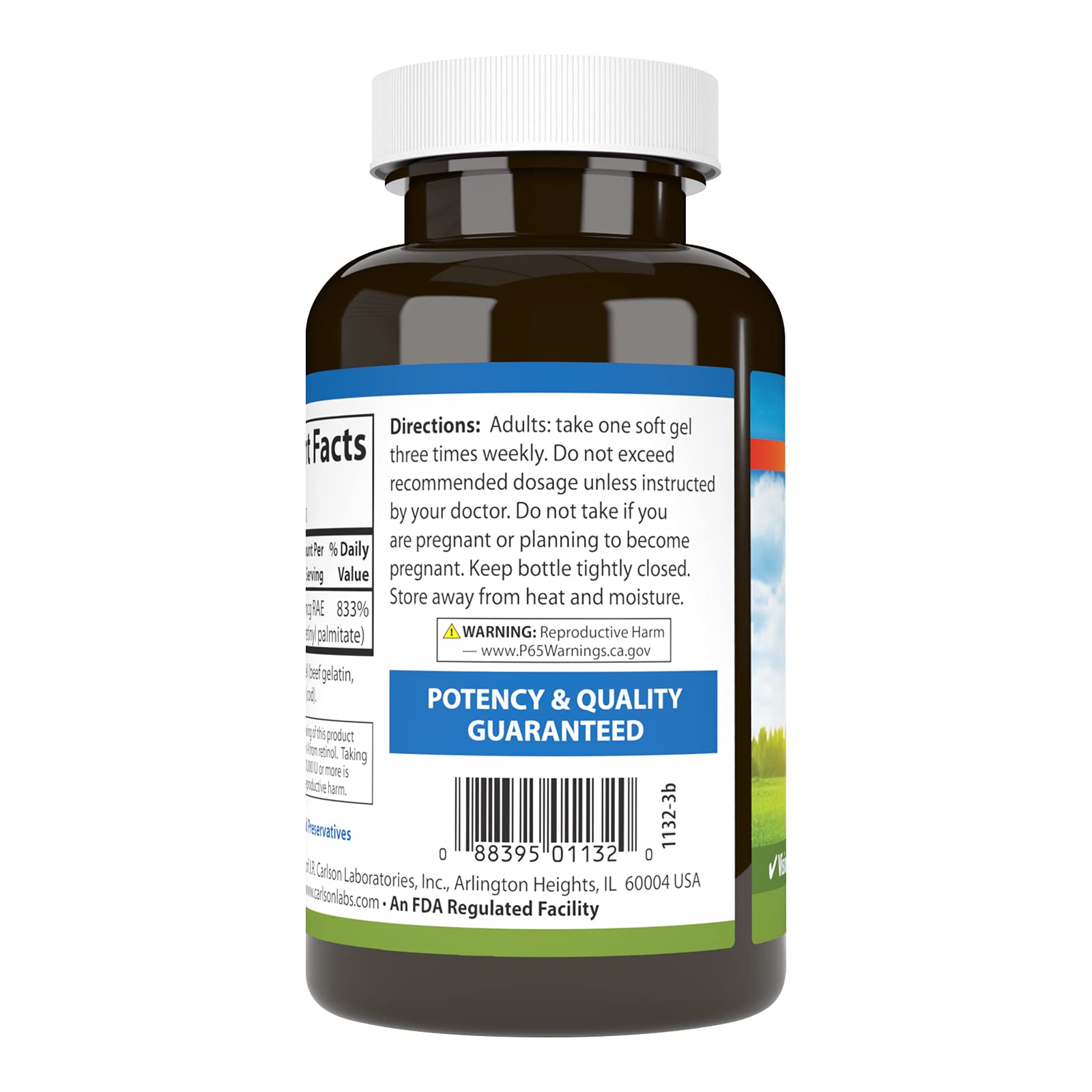 Carlson Vitamin A 25,000 IU capsules close-up for daily intake.