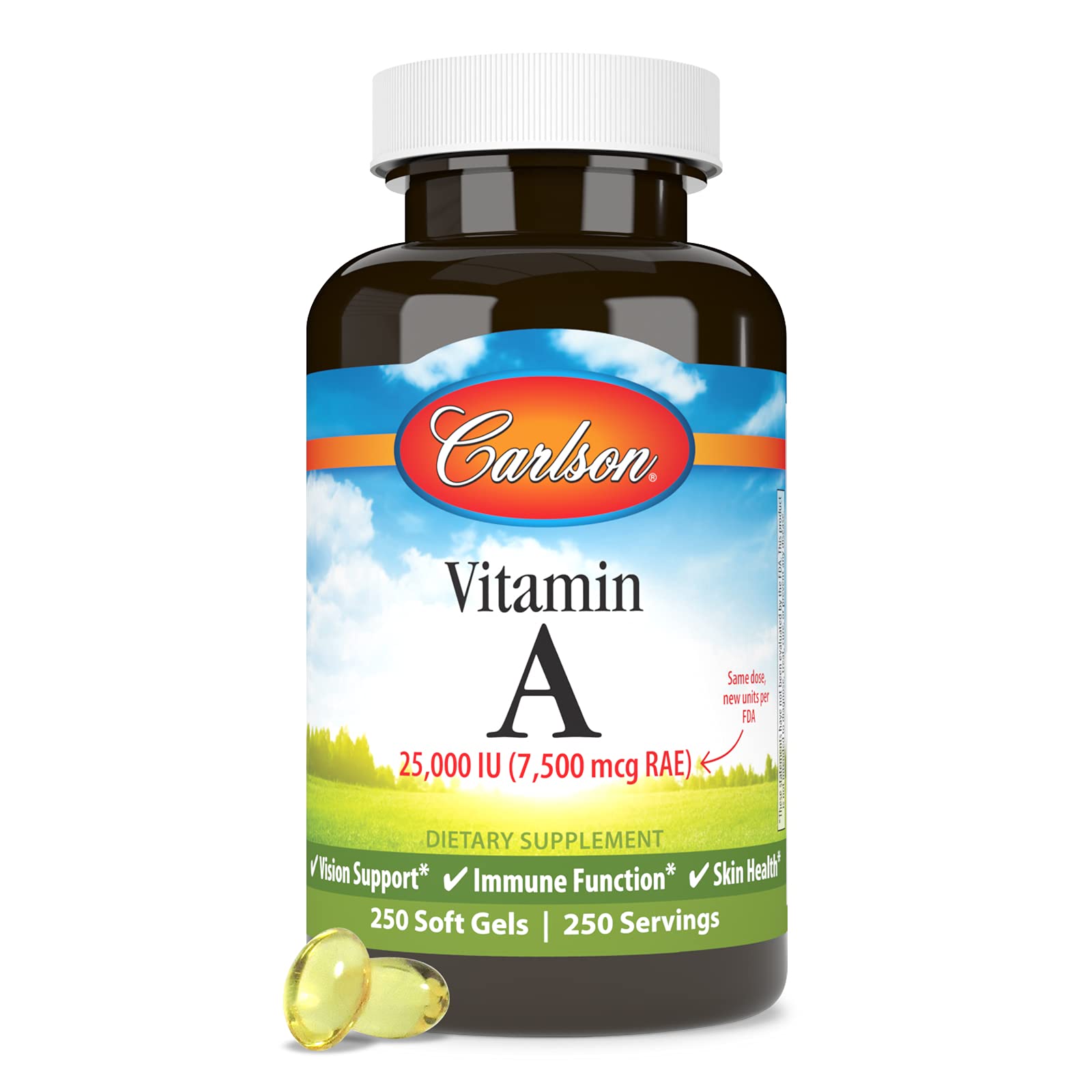 Carlson Vitamin A 25,000 IU supports eye comfort in low light.