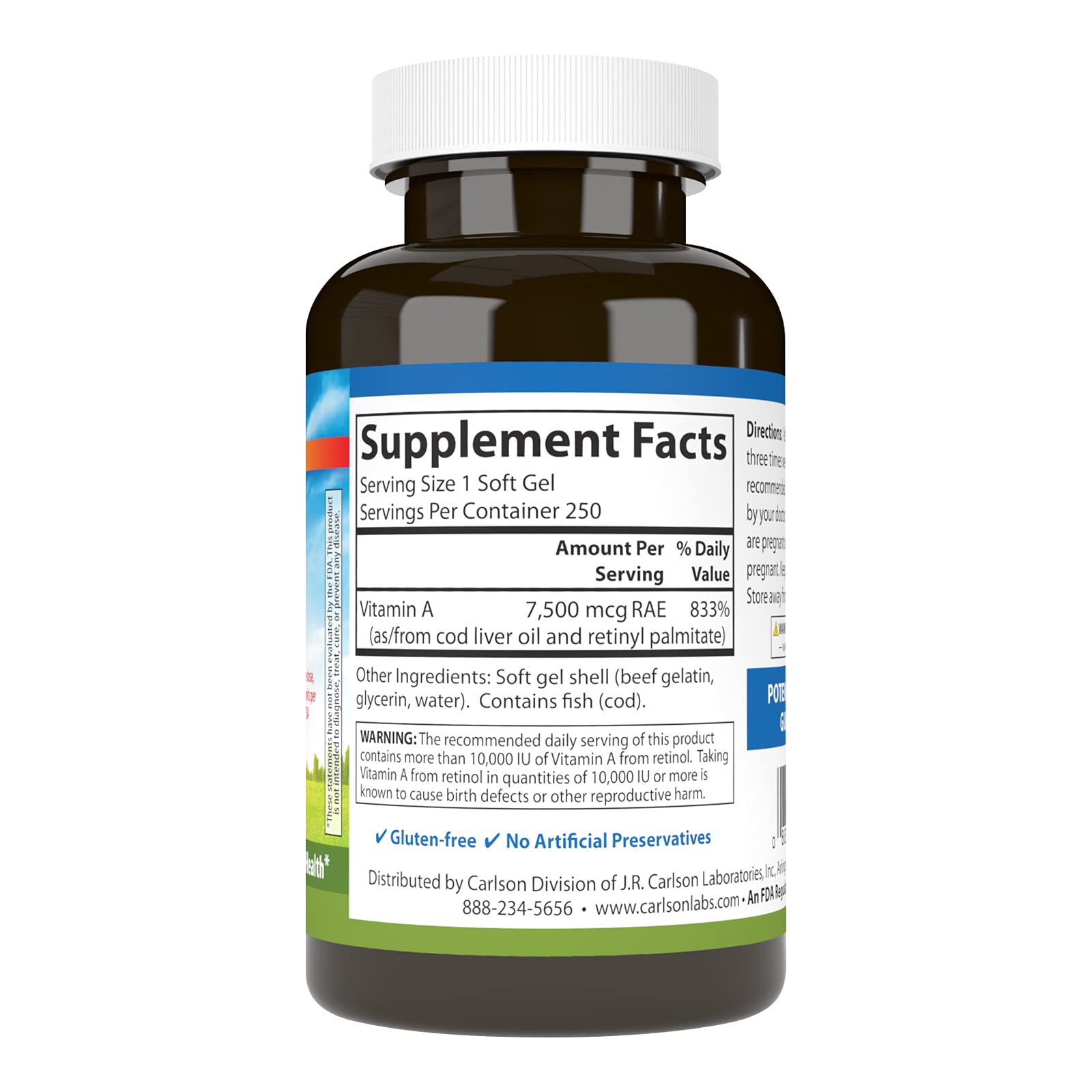 Carlson Vitamin A 25,000 IU label close-up for potency and quality verification.