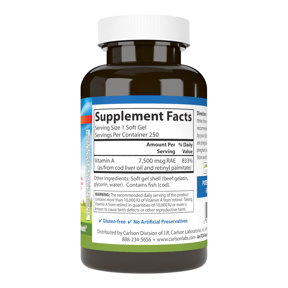 Carlson Vitamin A 25,000 IU label close-up for potency and quality verification.