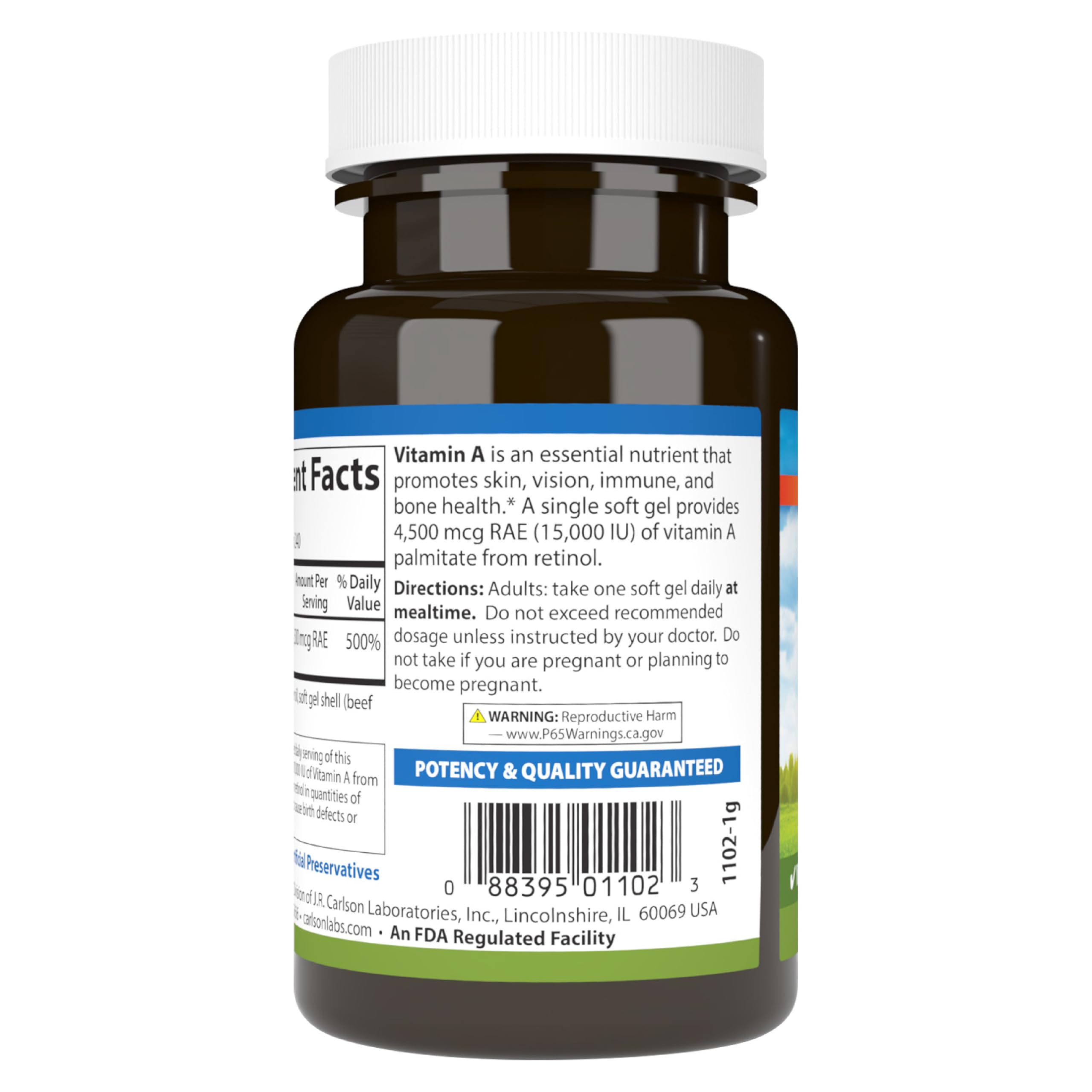 Carlson Vitamin A bottle bathed in natural light suggesting daily use