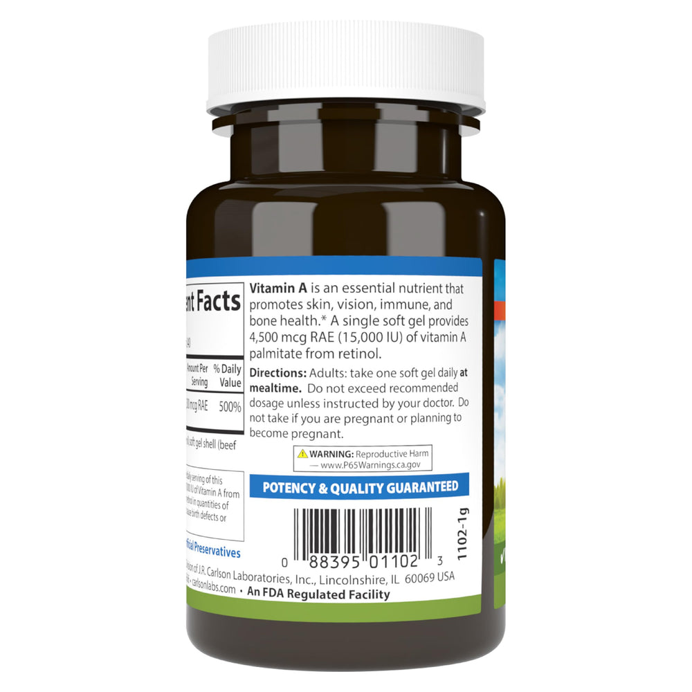 Carlson Vitamin A bottle bathed in natural light suggesting daily use