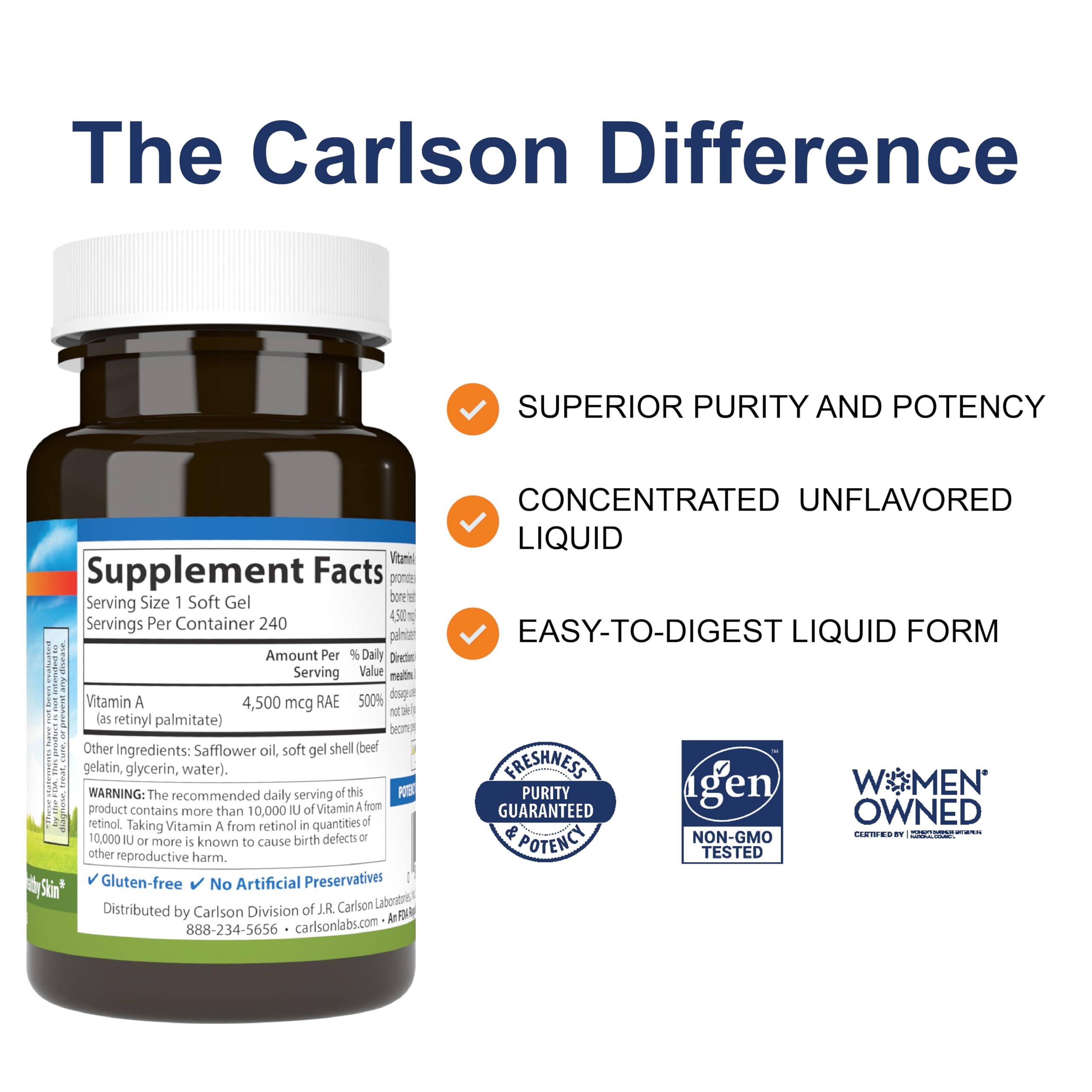 Carlson Vitamin A softgel capsules close-up for easy daily use