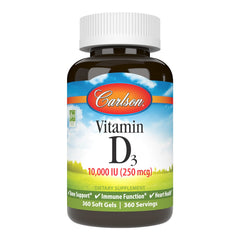Carlson Vitamin D3 10000 IU softgel bottle supports daily bone health