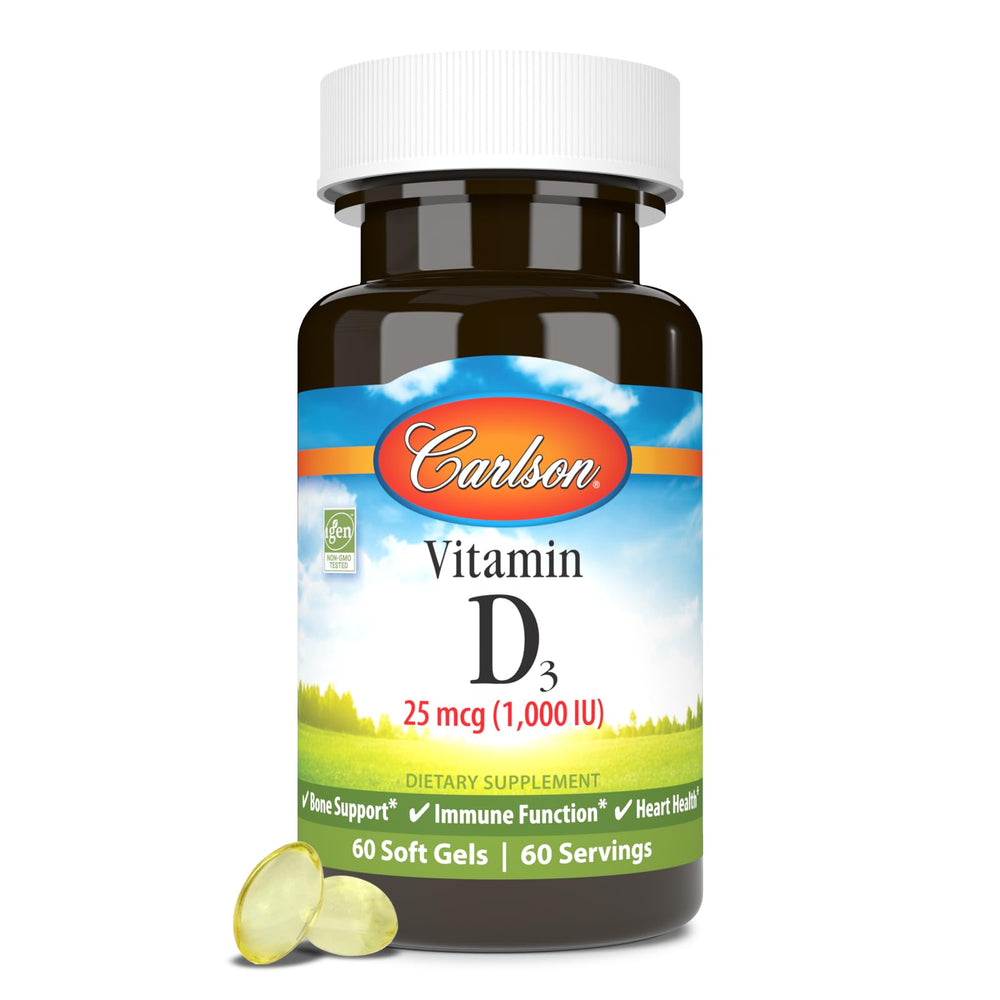 Carlson Vitamin D3 1000 IU softgel bottle supports bone health and daily wellness