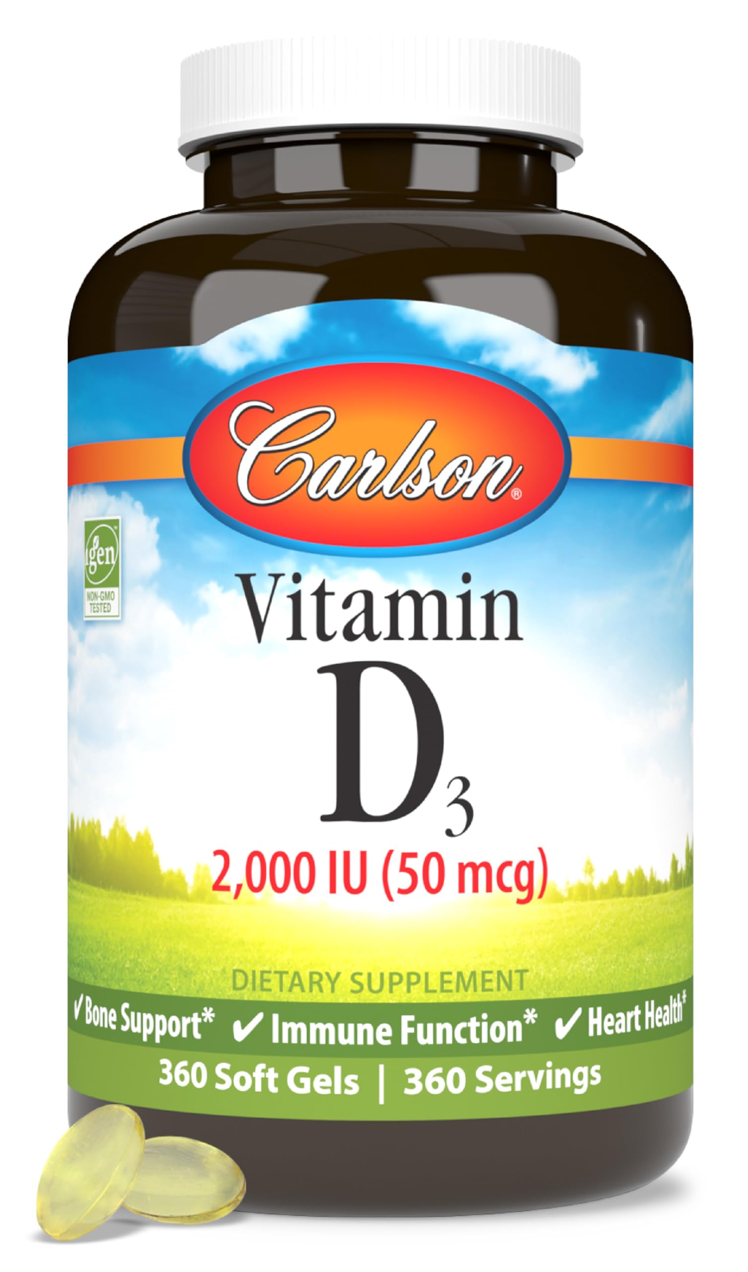 Carlson Vitamin D3 2000 IU softgel bottle highlighting potency for bone and immune support