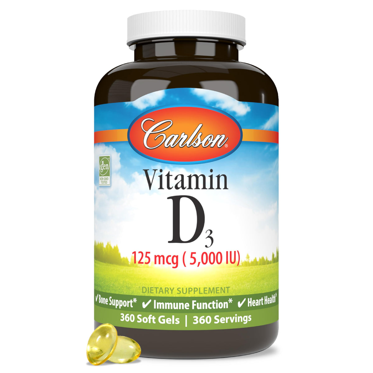 Carlson Vitamin D3 5000 IU soft gels in bottle for bone health support.