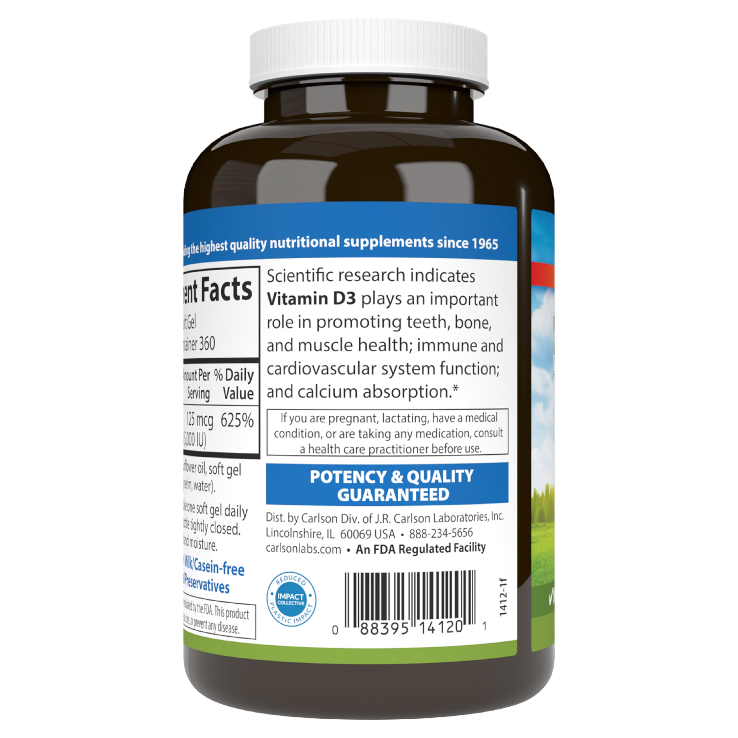 Carlson Vitamin D3 5000 IU capsule close-up highlighting high-potency formula.