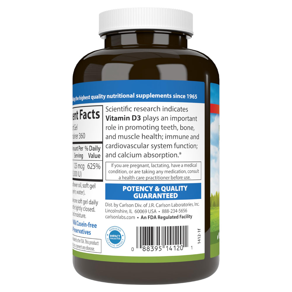 Carlson Vitamin D3 5000 IU capsule close-up highlighting high-potency formula.