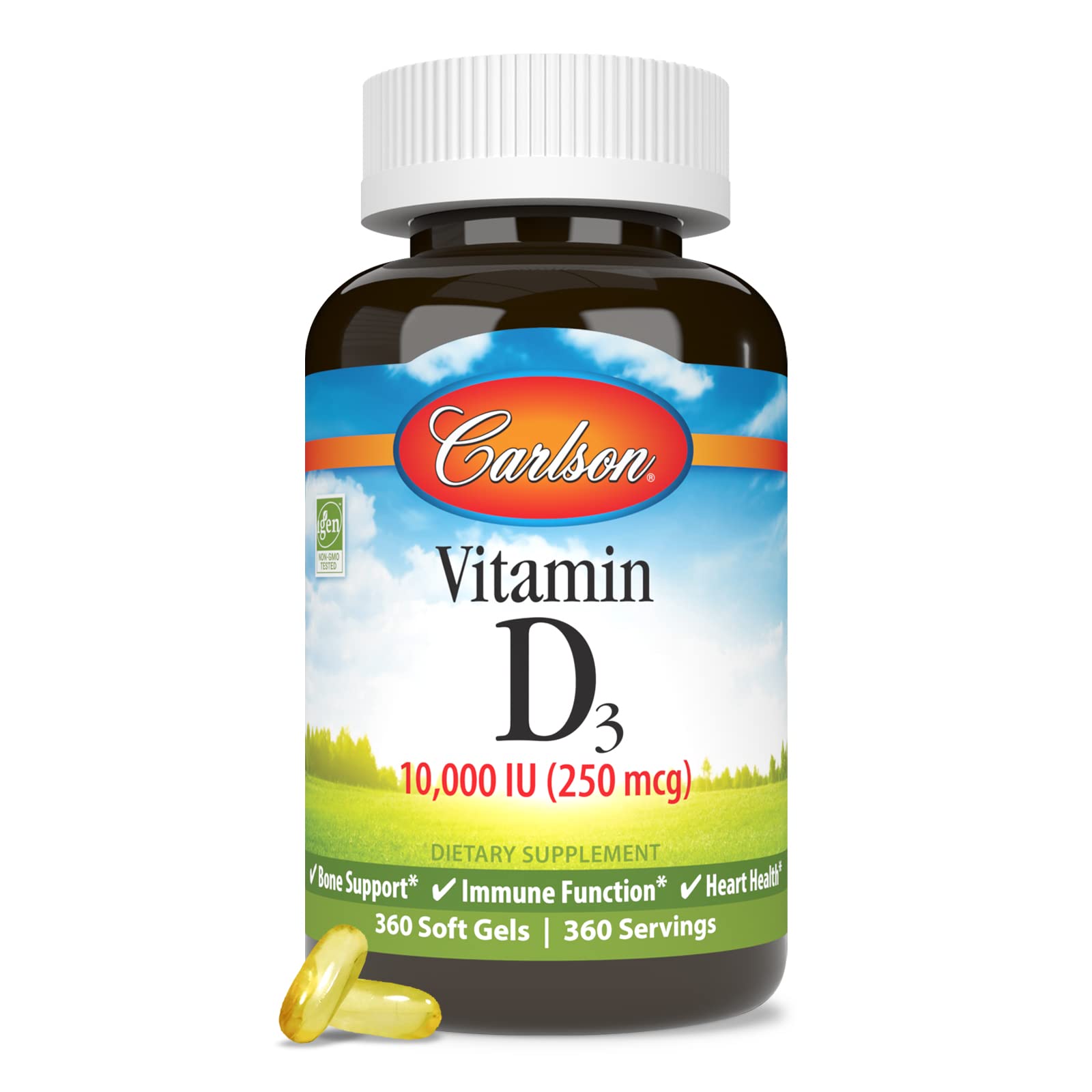 Carlson Vitamin D3 bottle on kitchen counter for daily use