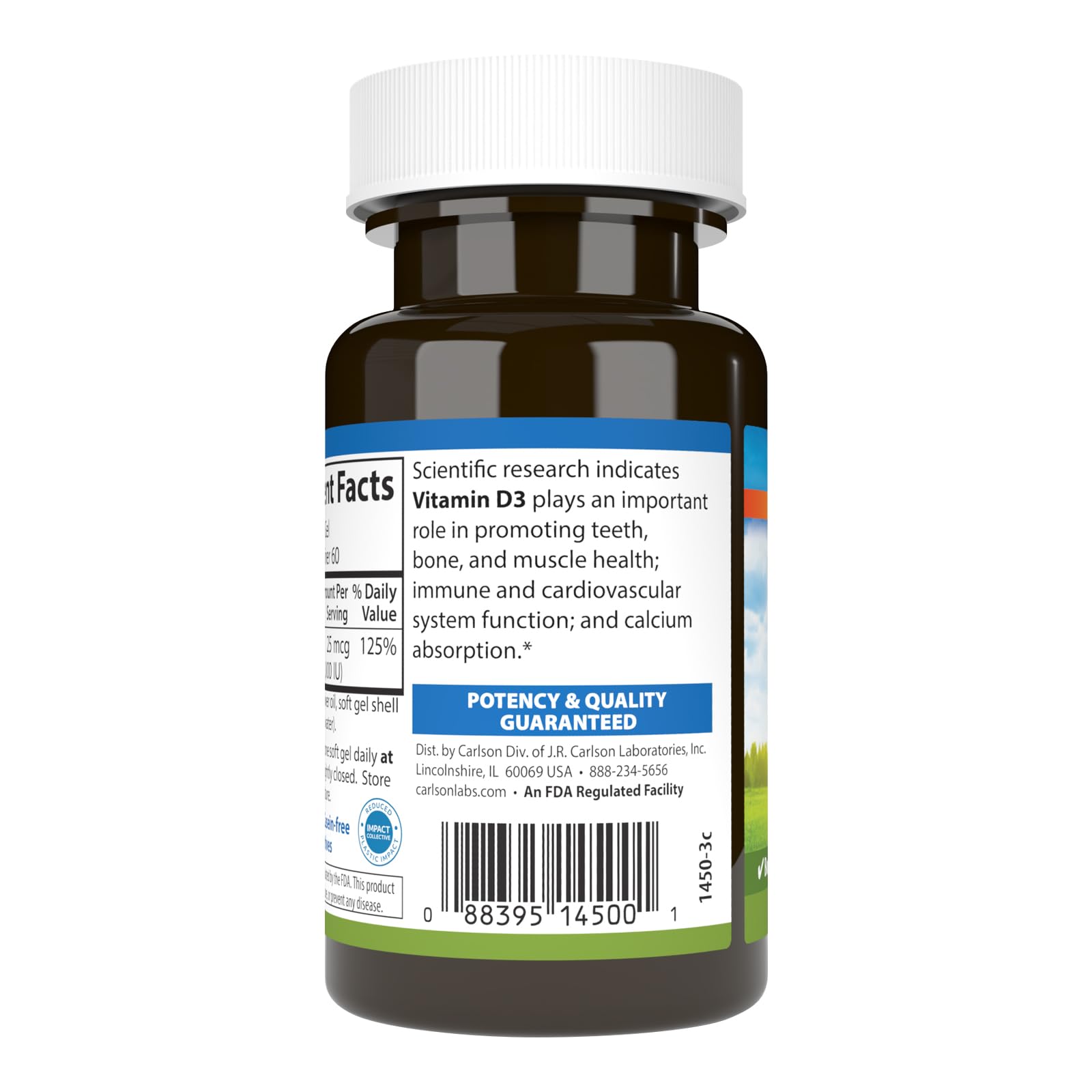 Carlson Vitamin D3 bottle on shelf demonstrates easy daily supplementation