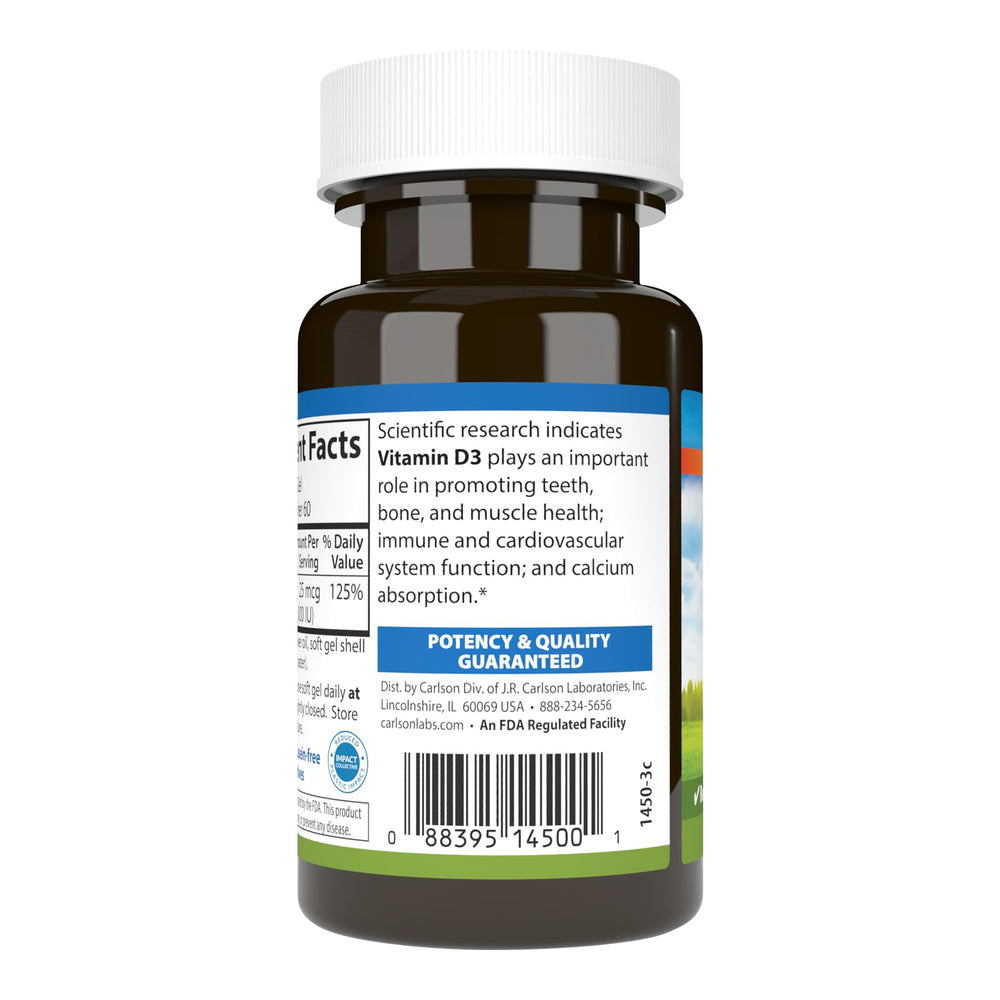 Carlson Vitamin D3 bottle on shelf demonstrates easy daily supplementation