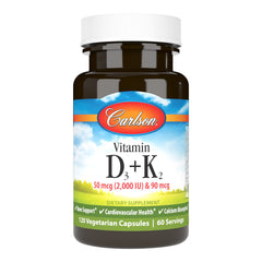 Carlson Vitamin D3 + K2 bottle front label highlights key ingredients for bone support