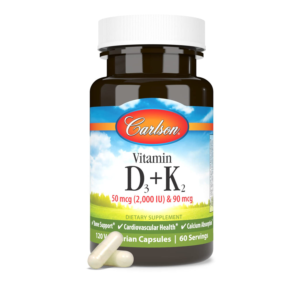 Carlson Vitamin D3 + K2 bottle on shelf signals a trusted daily supplement