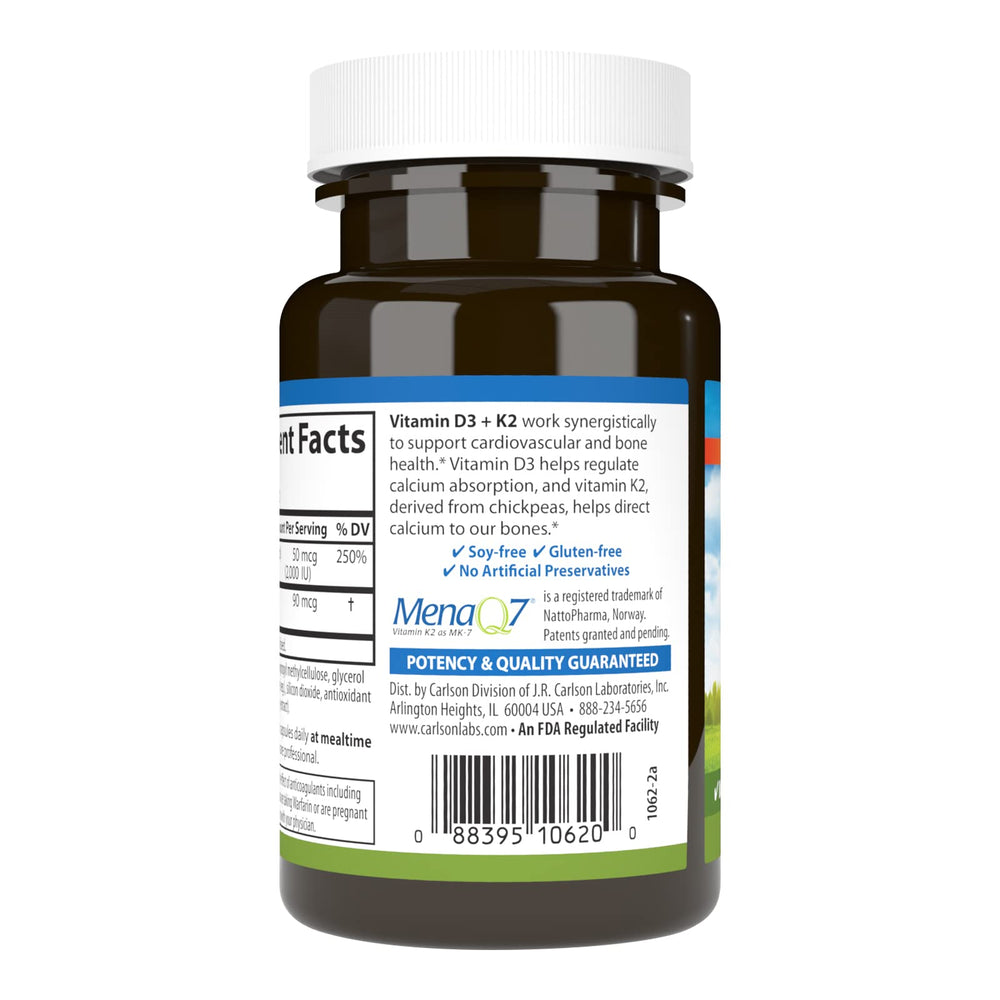 Carlson Vitamin D3 + K2 capsules close-up shows dosage for daily use