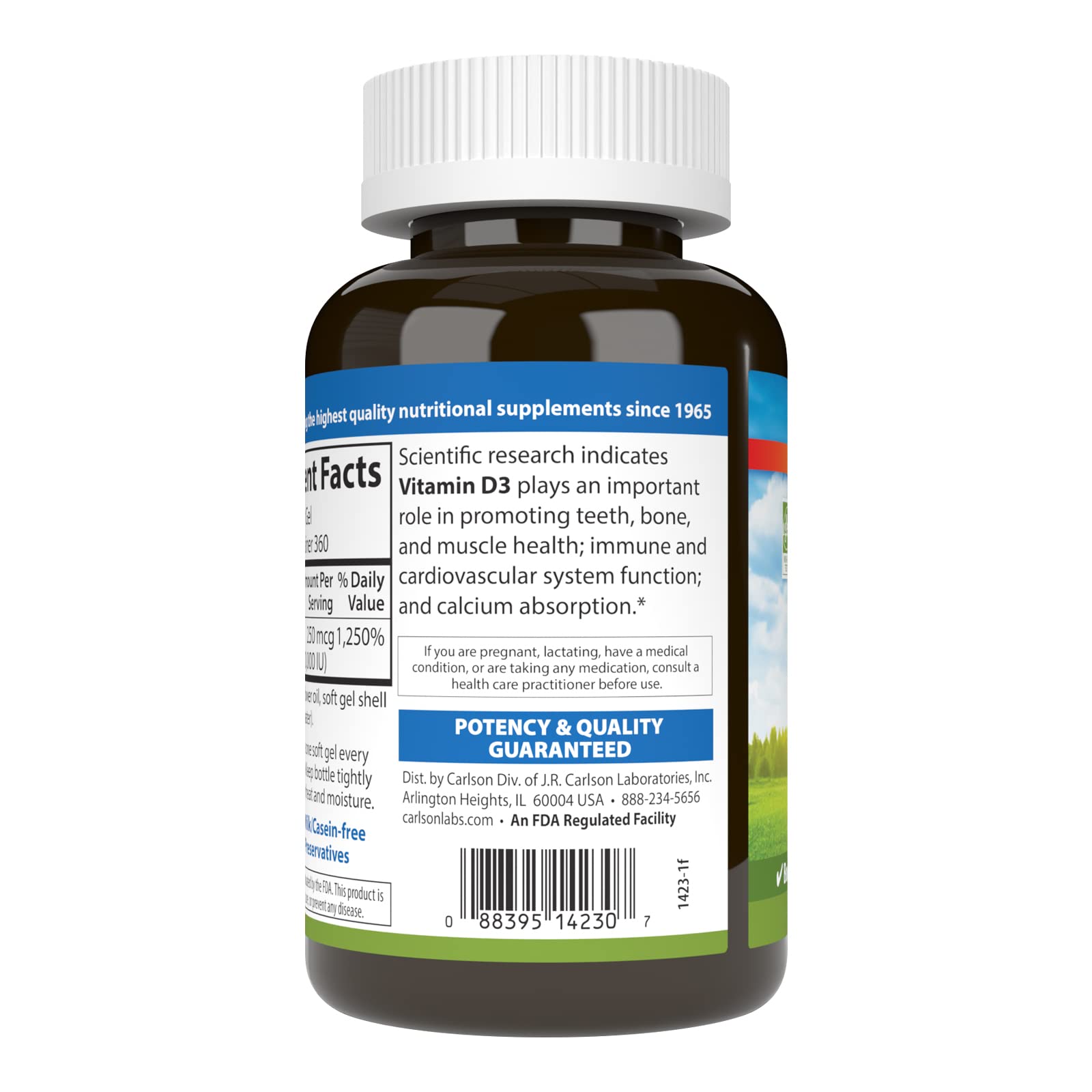 Carlson Vitamin D3 label closeup showing potency and dosage