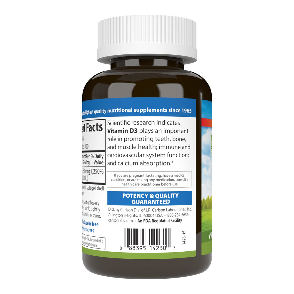 Carlson Vitamin D3 label closeup showing potency and dosage