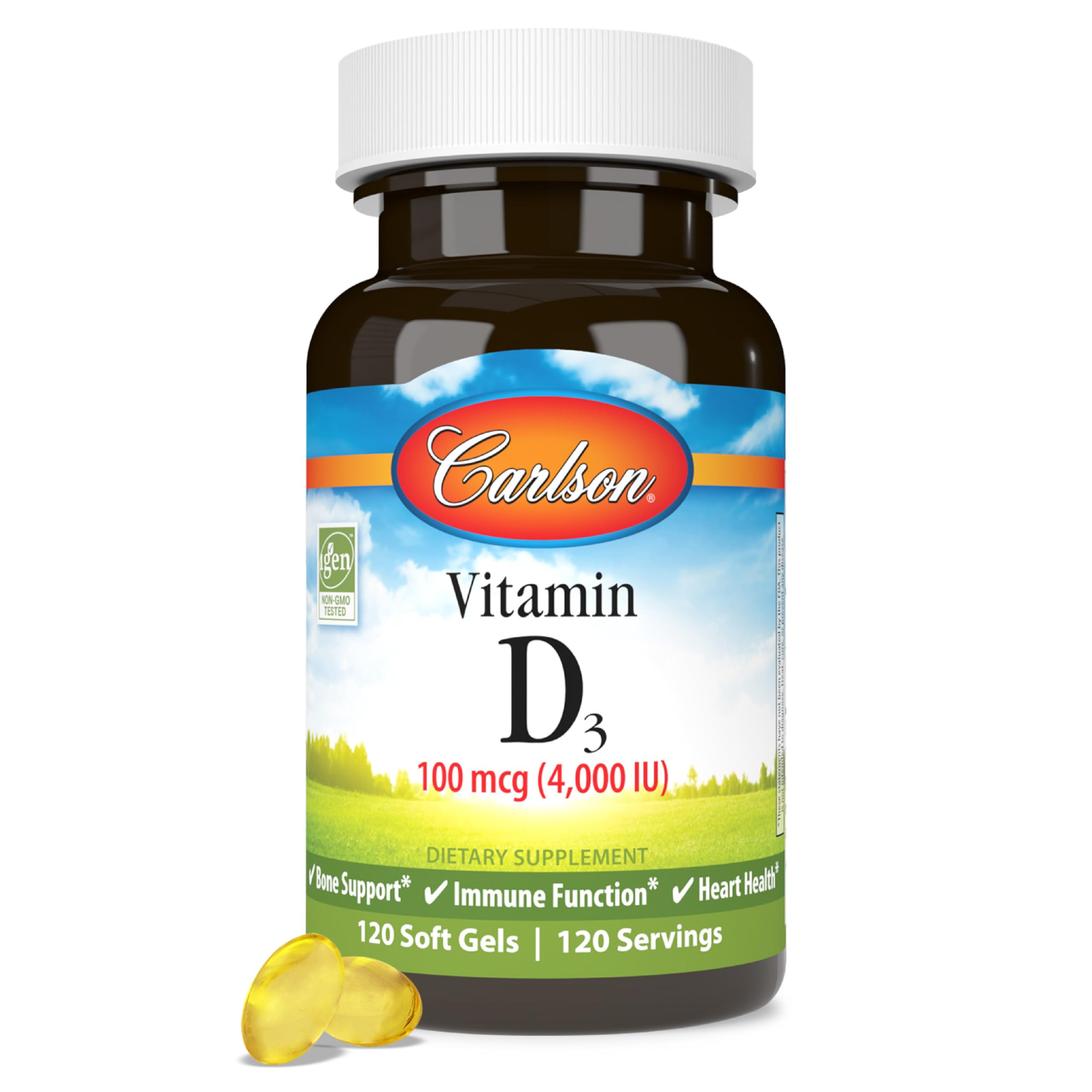 Carlson Vitamin D3 softgel bottle highlighting bone health support.