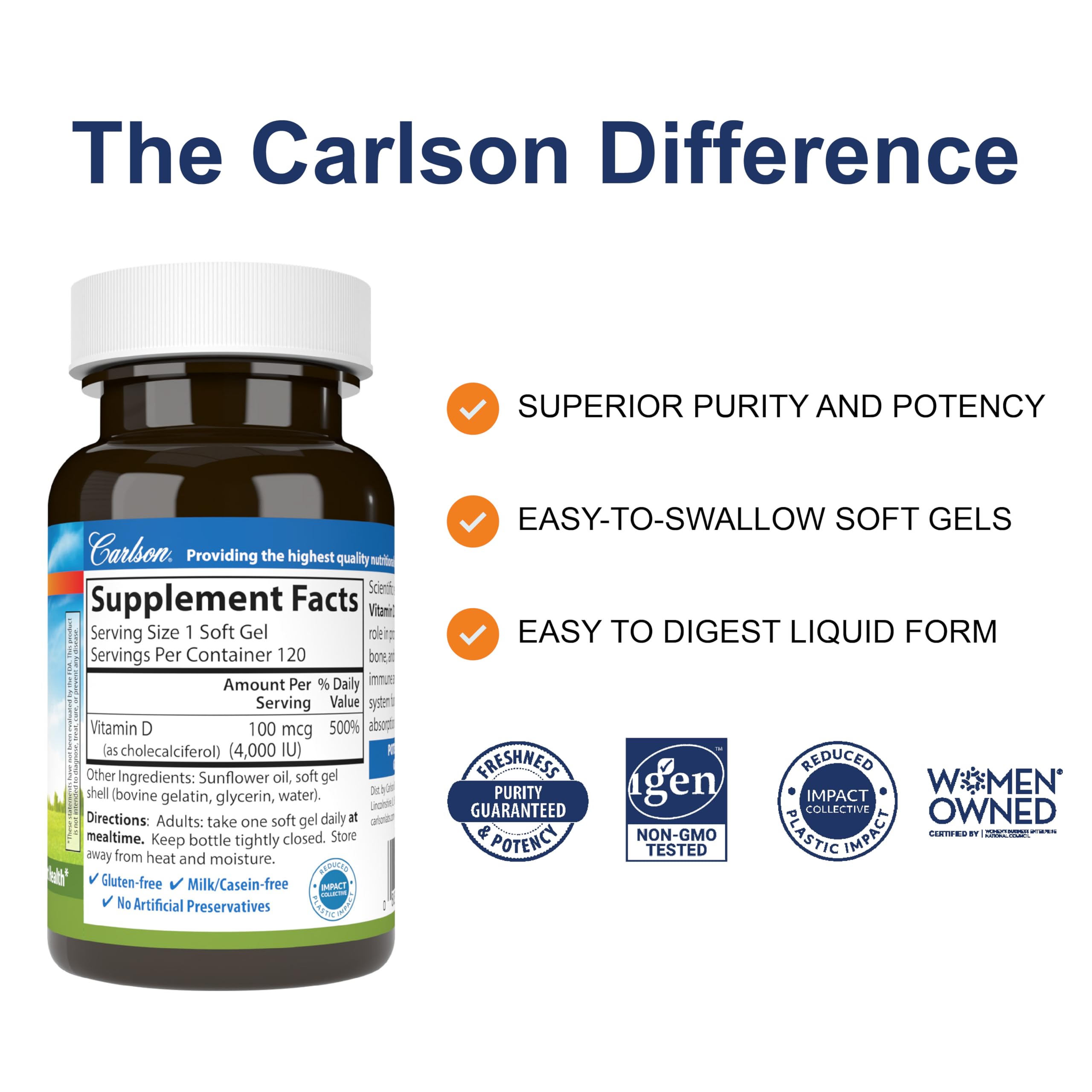 Close-up of Carlson Vitamin D3 softgels showing 4000 IU dosage.