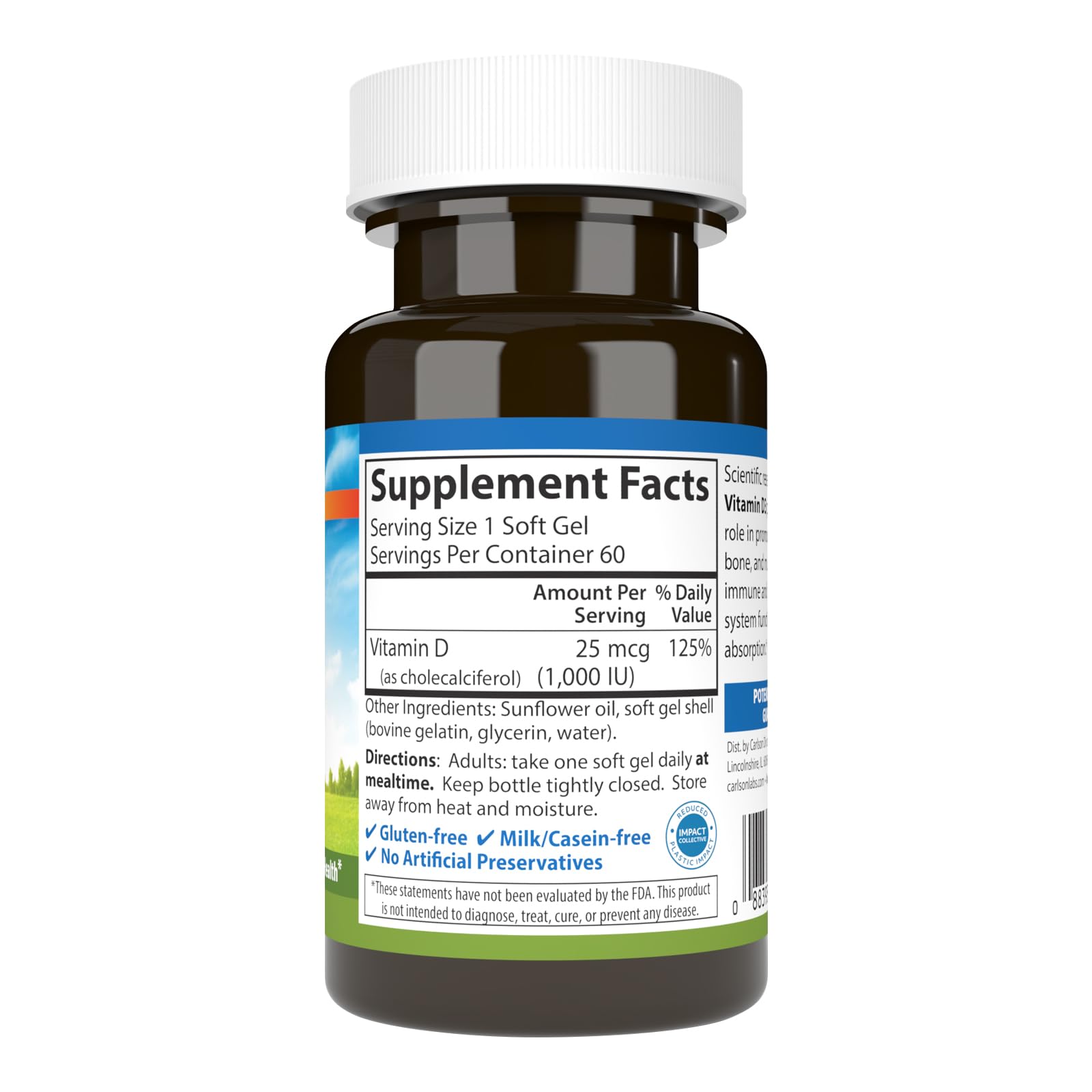 Carlson Vitamin D3 softgel closeup shows 1,000 IU per capsule