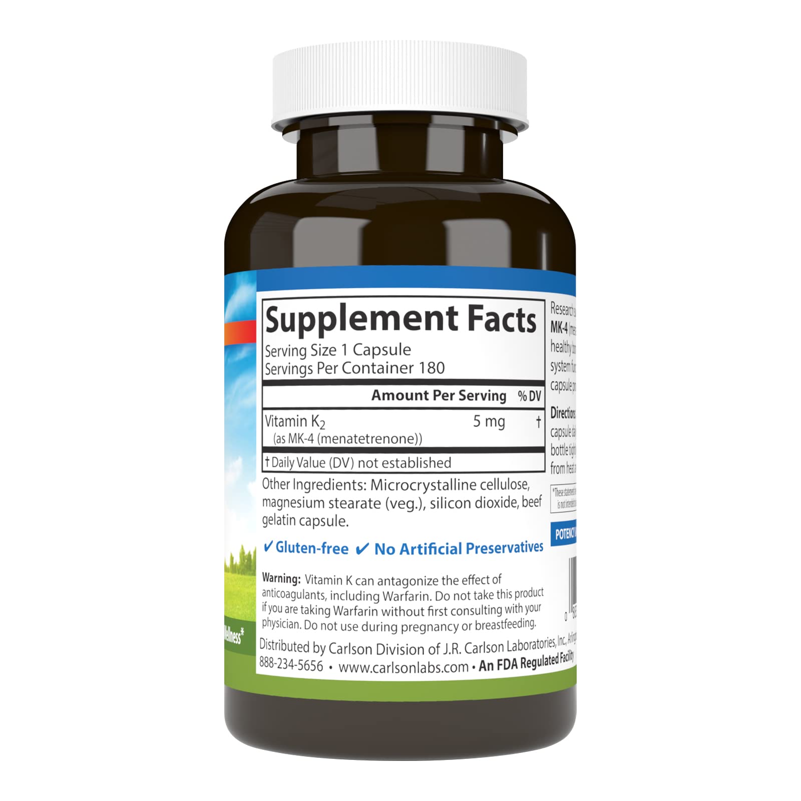 Carlson Vitamin K2 MK-4 bottle back with dosage information.