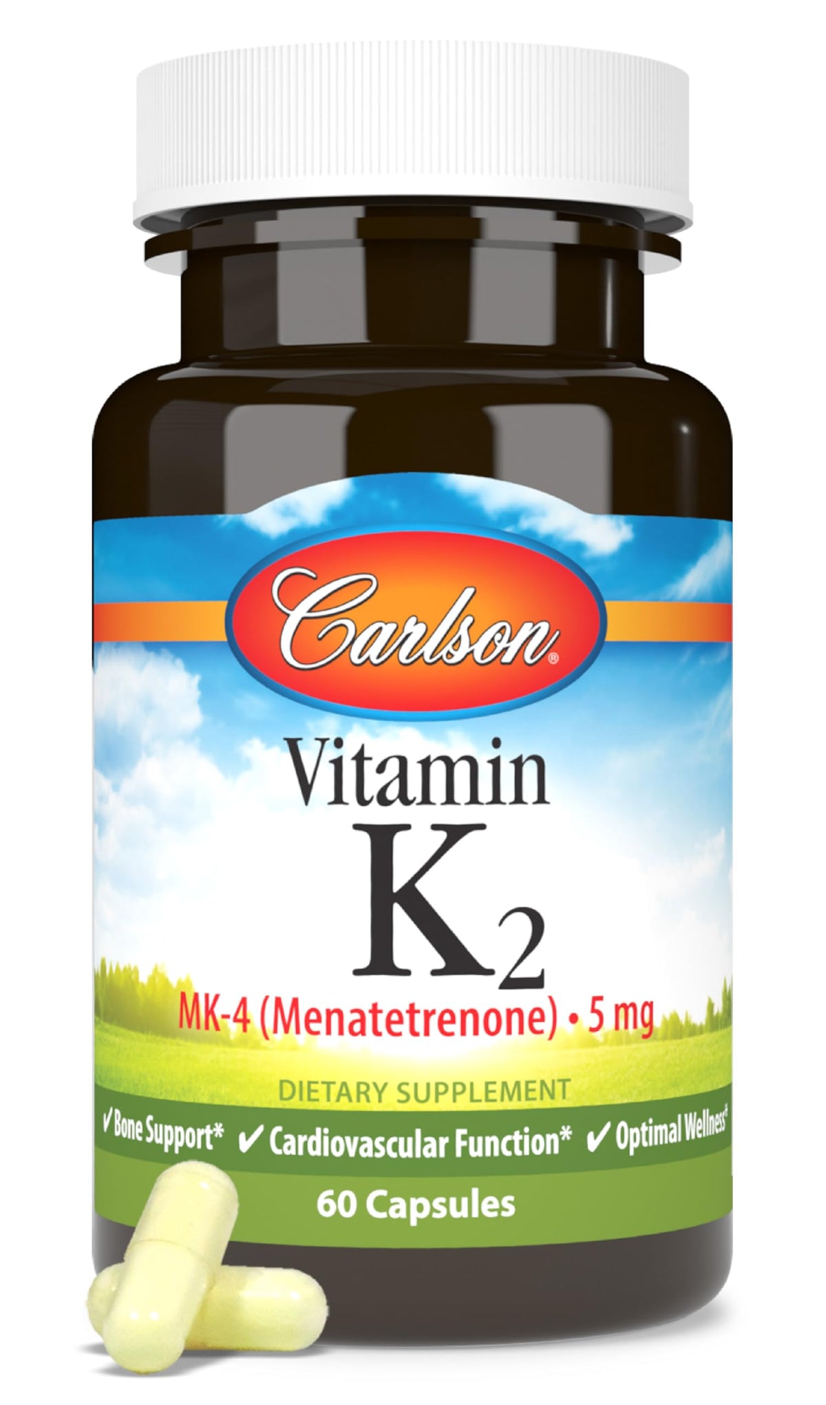 Carlson Vitamin K2 MK-4 bottle front with 60 capsules for daily bone and heart support