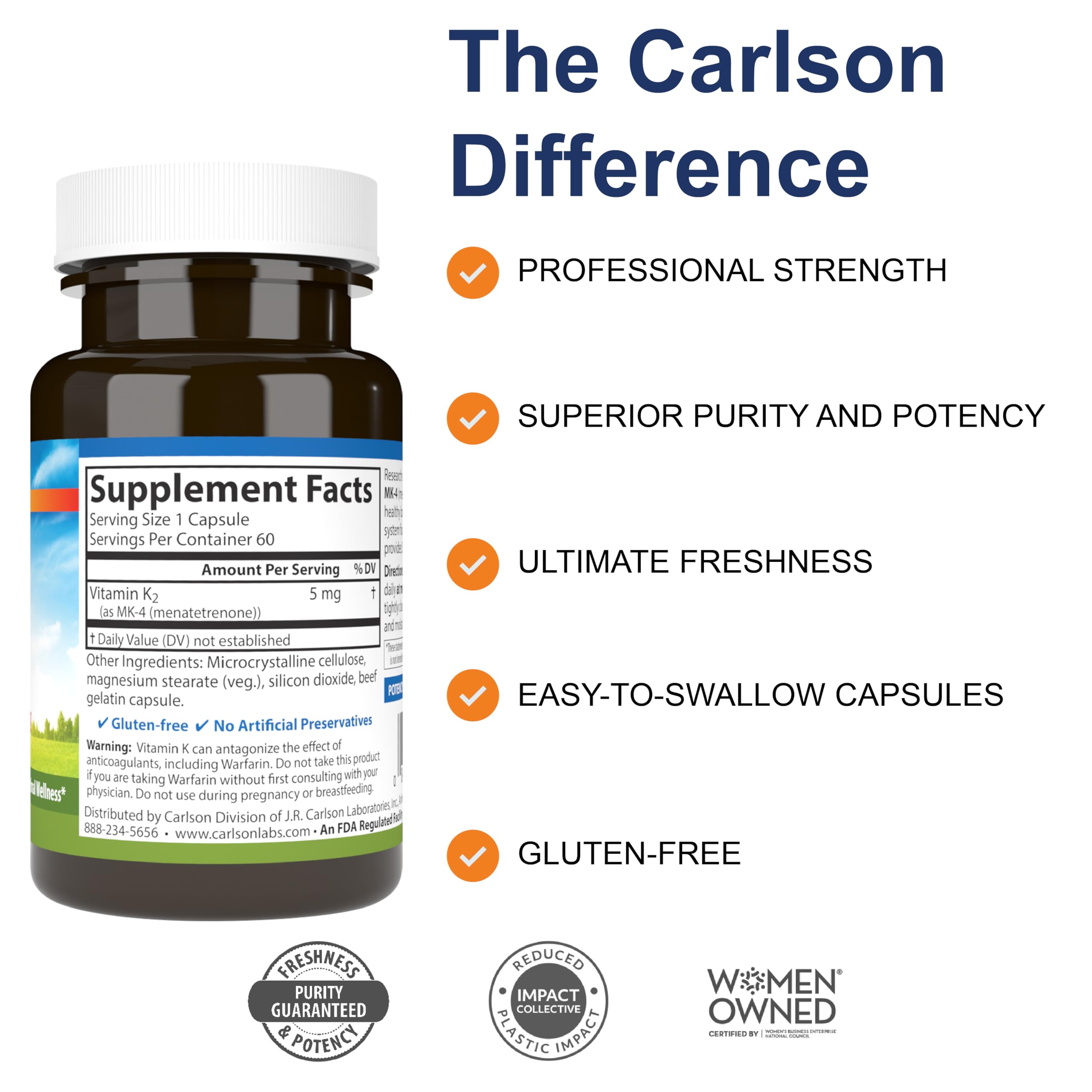 Close-up of Carlson Vitamin K2 MK-4 capsules showing softgel texture for easy swallowing