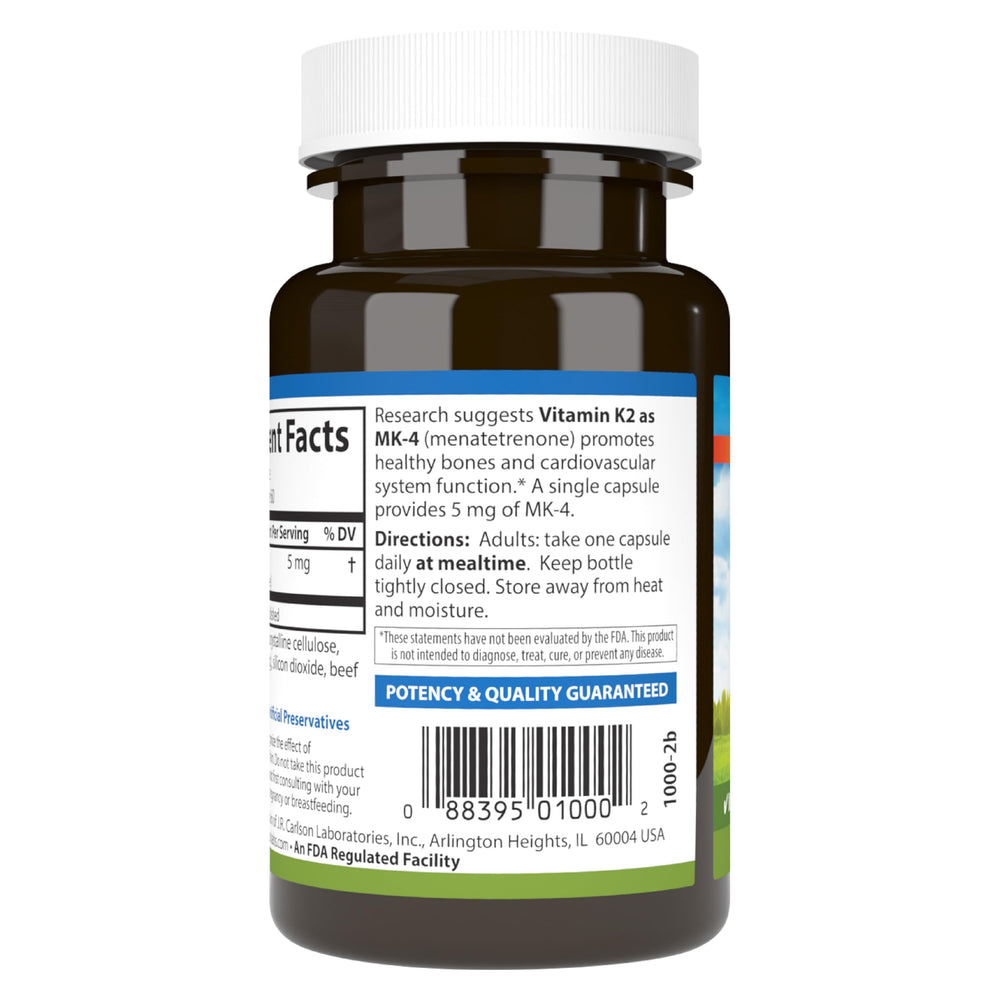 Product on shelf with clear labeling for Carlson Vitamin K2 MK-4