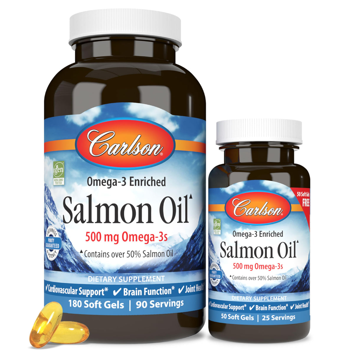 Carlson wild-caught salmon oil bottle shows Norwegian omega-3 for daily wellness