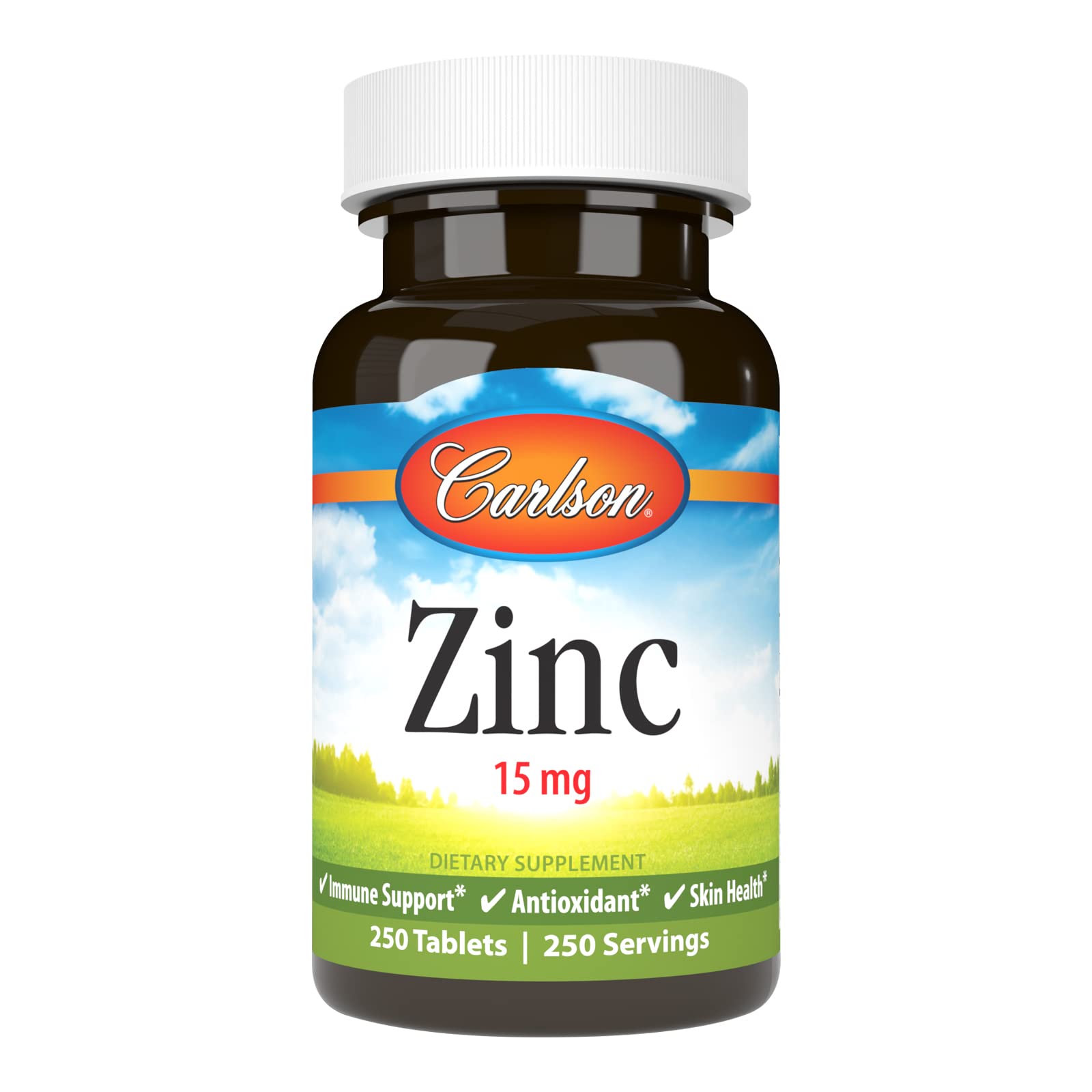 Carlson Zinc 15 mg bottle label highlights dosage and immune support.