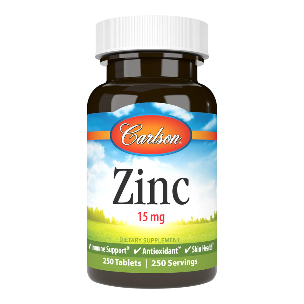 Carlson Zinc 15 mg bottle label highlights dosage and immune support.