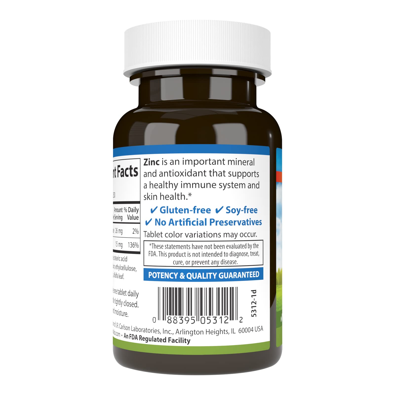 Close-up of zinc tablet with nutrition panel indicating 15 mg dosage for daily wellness.