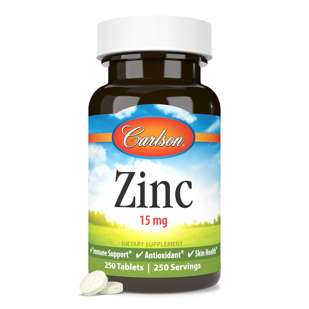 Zinc gluconate ingredients list for Carlson 15 mg tablets and quality emphasis.