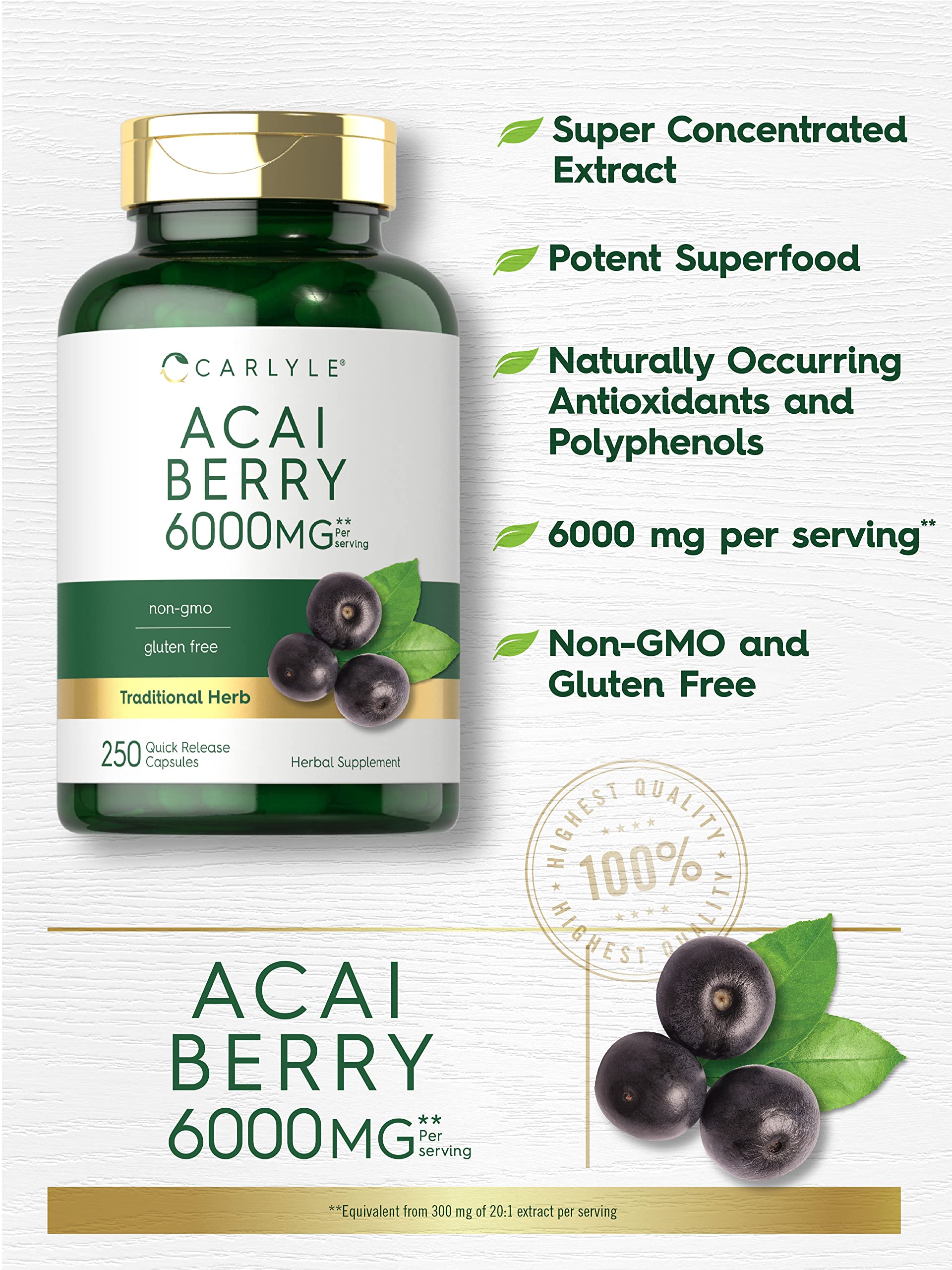 Close-up of Carlyle Acai Berry Capsules showing smooth, quick-release design