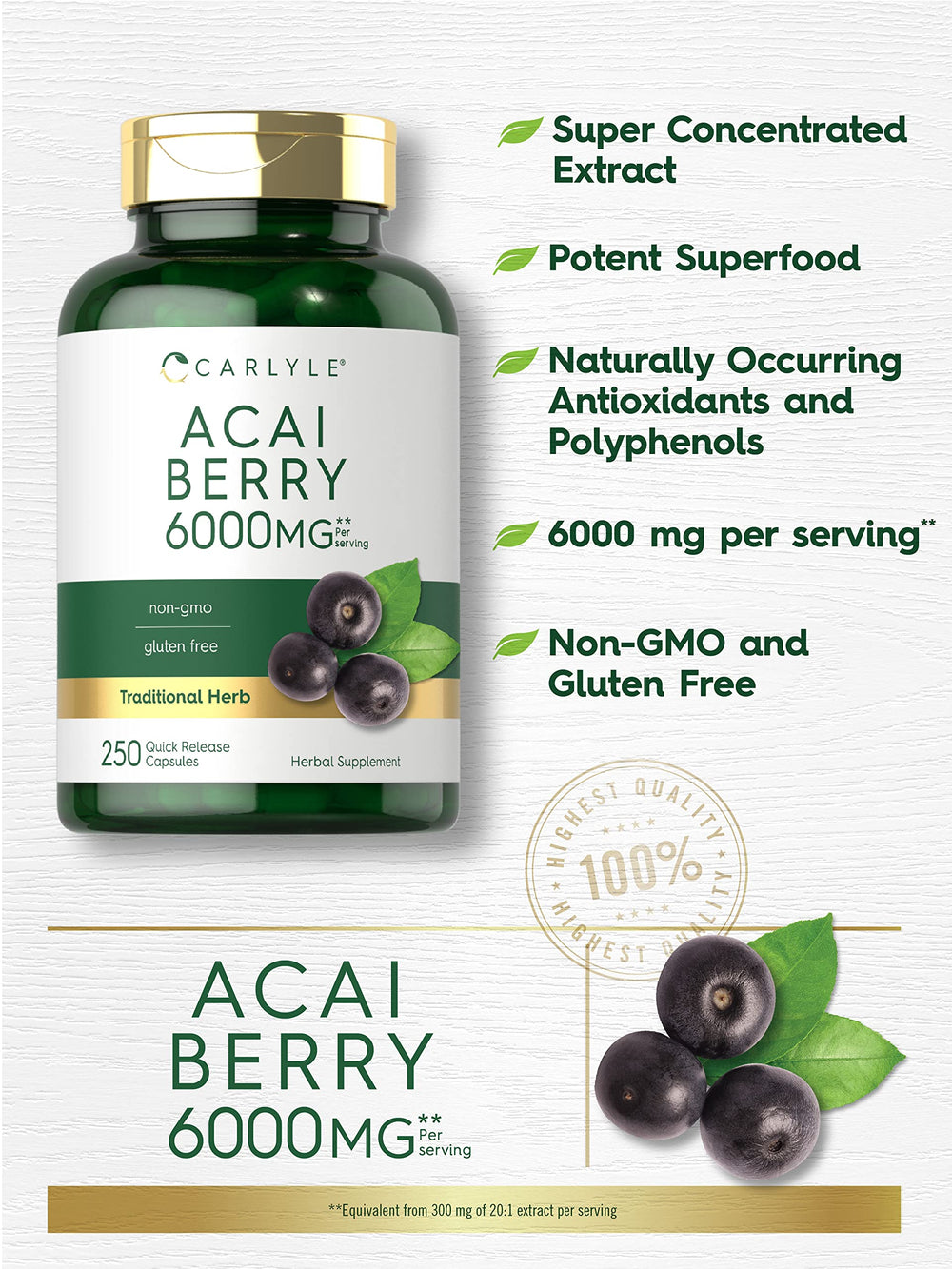 Close-up of Carlyle Acai Berry Capsules showing smooth, quick-release design